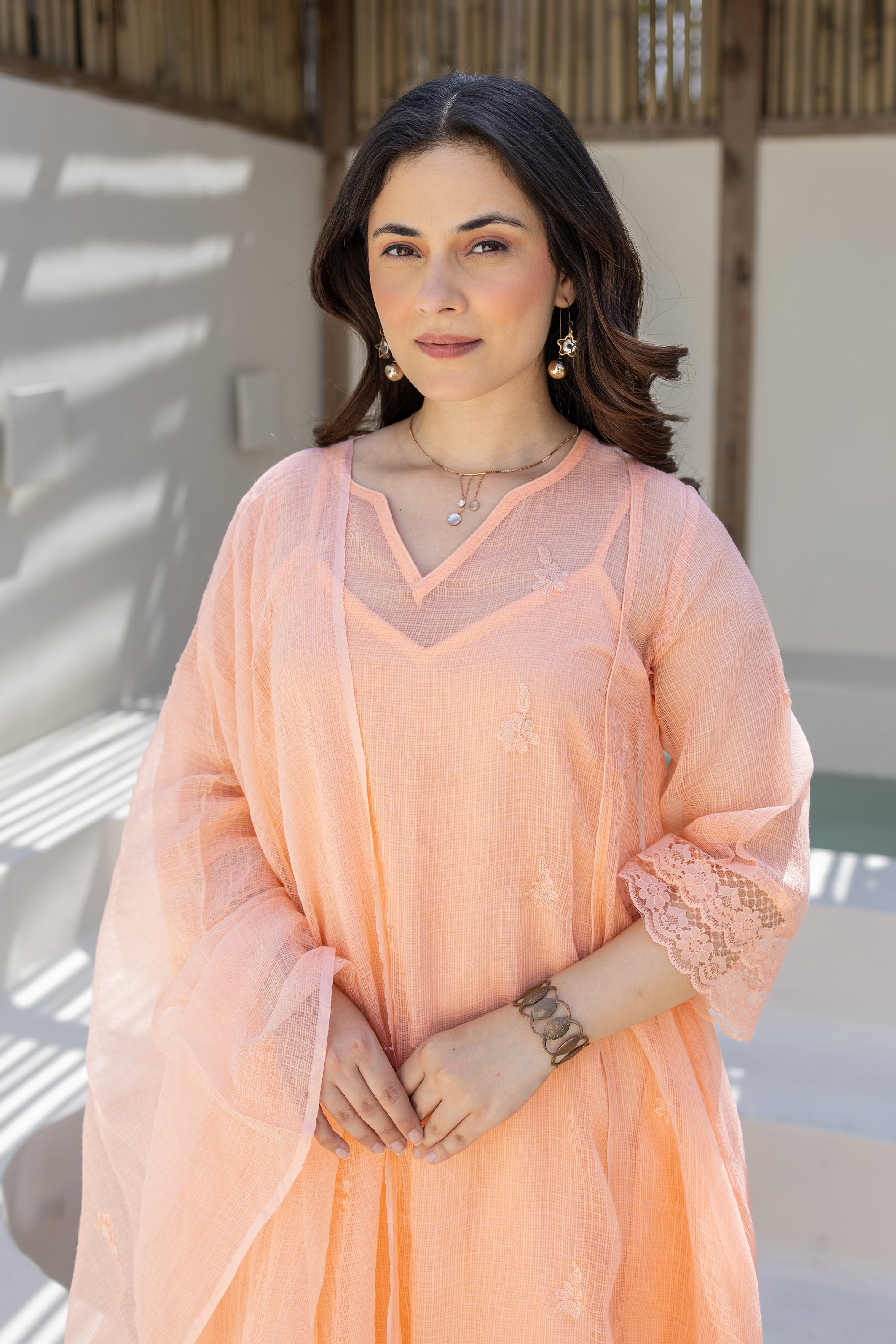 Peach Embroidered Doriya Kurta Set With Doriya Dupatta