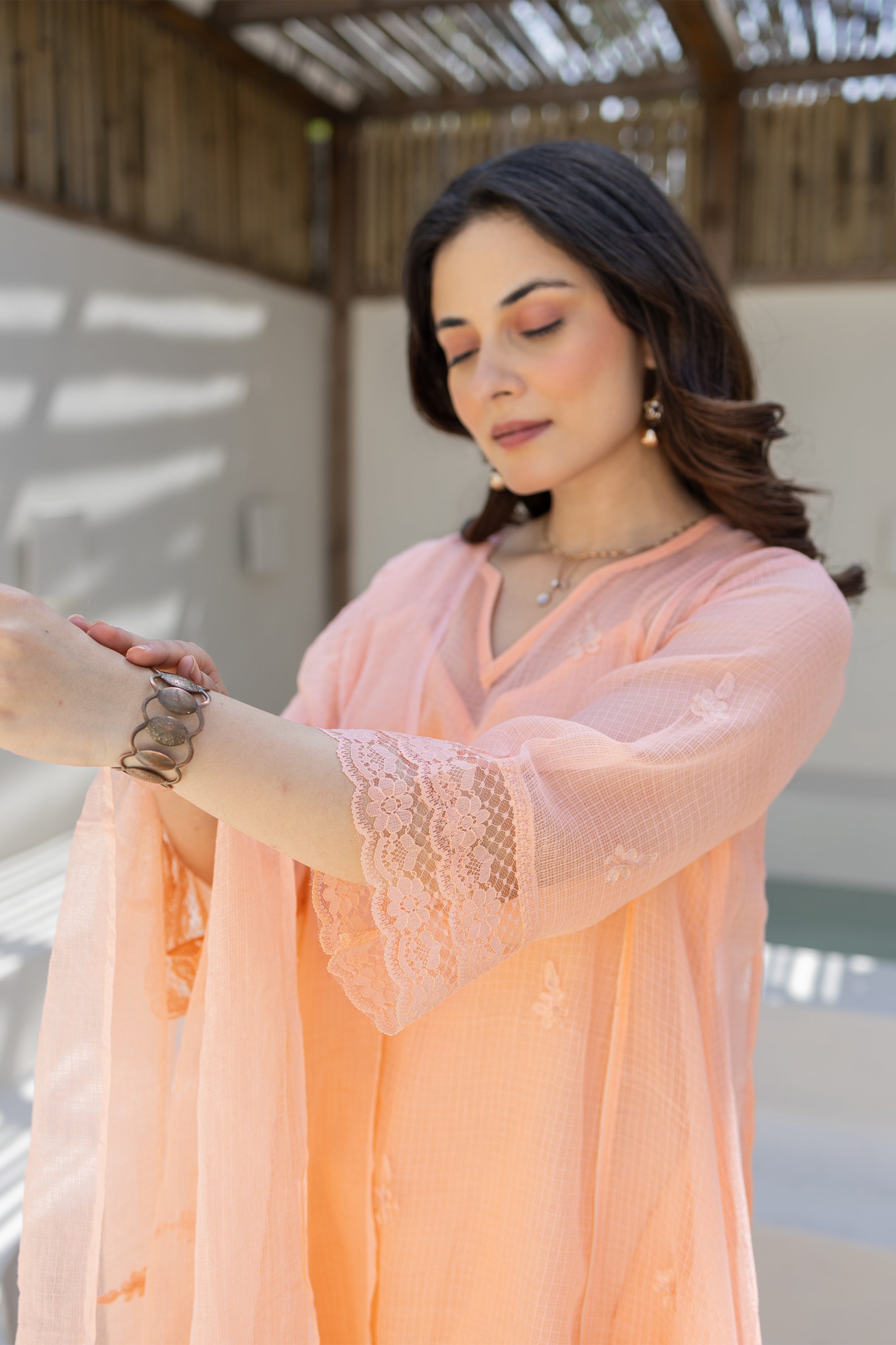 Peach Embroidered Doriya Kurta Set With Doriya Dupatta