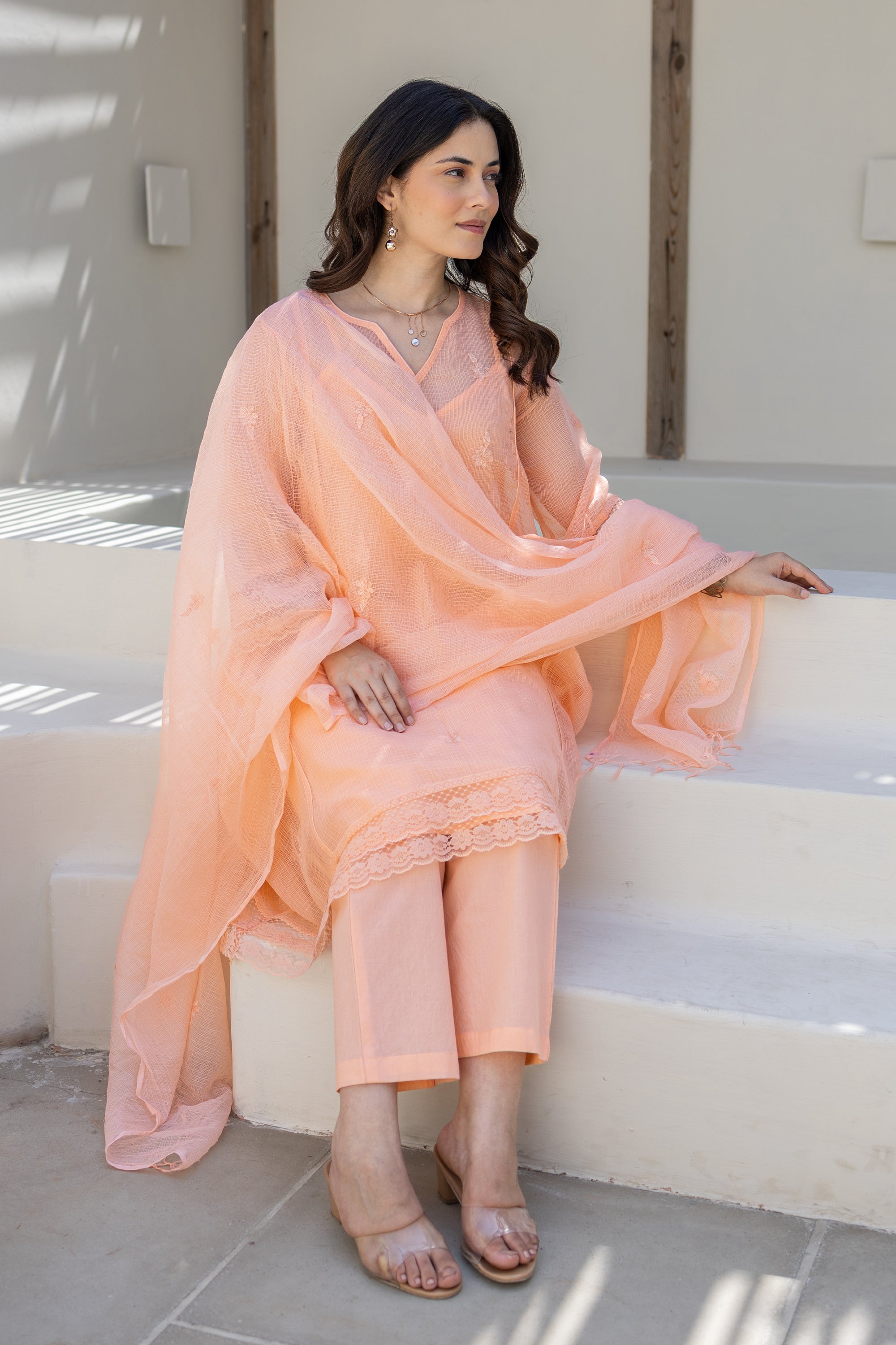 Peach Embroidered Doriya Kurta Set With Doriya Dupatta
