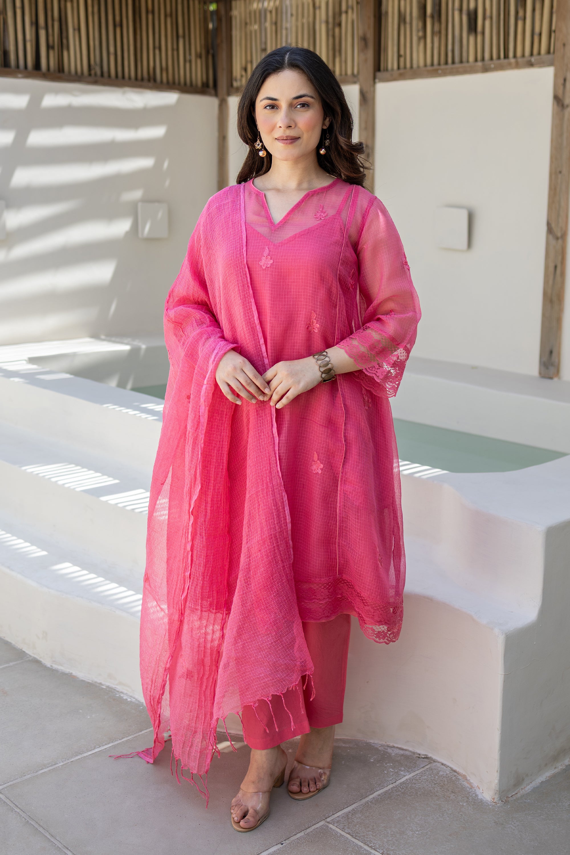 Gulnaar Pink Doriya Kurta Set With Doriya Dupatta