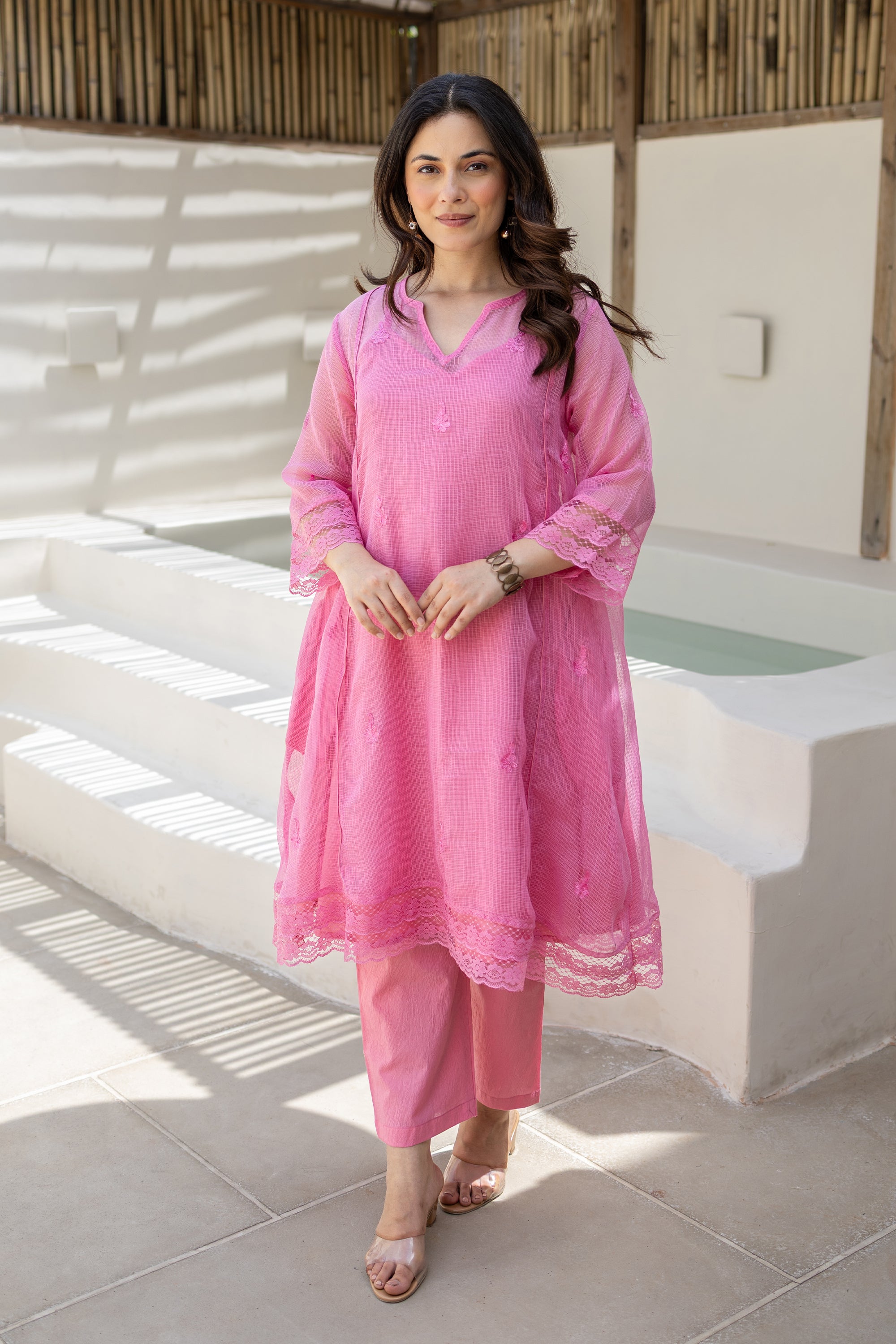 Gulaab Pink Doriya Kurta Set With Doriya Dupatta