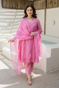 Gulaab Pink Embroidered Doriya Kurta Set With Doriya Dupatta