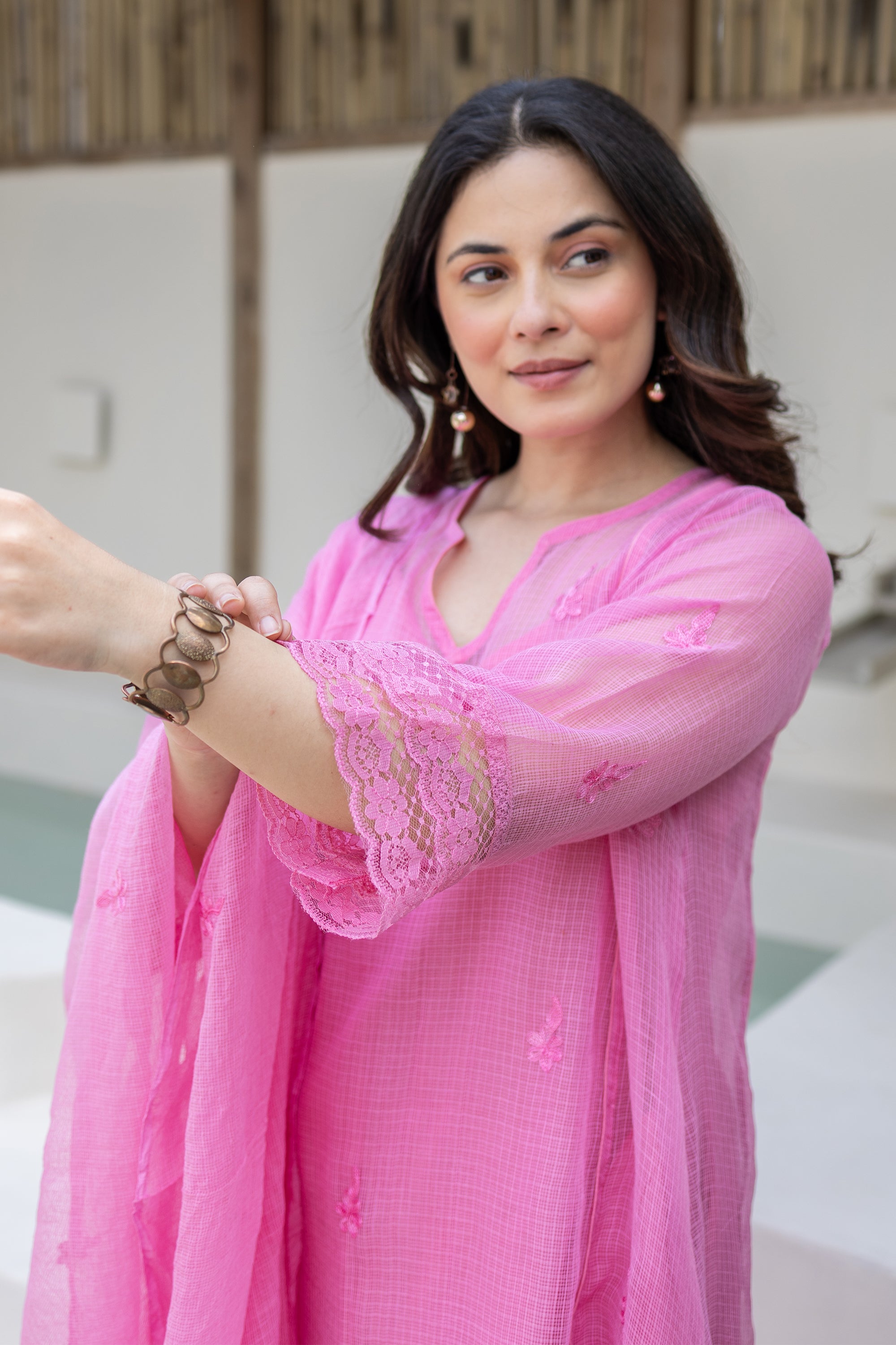 Gulaab Pink Doriya Kurta Set With Doriya Dupatta
