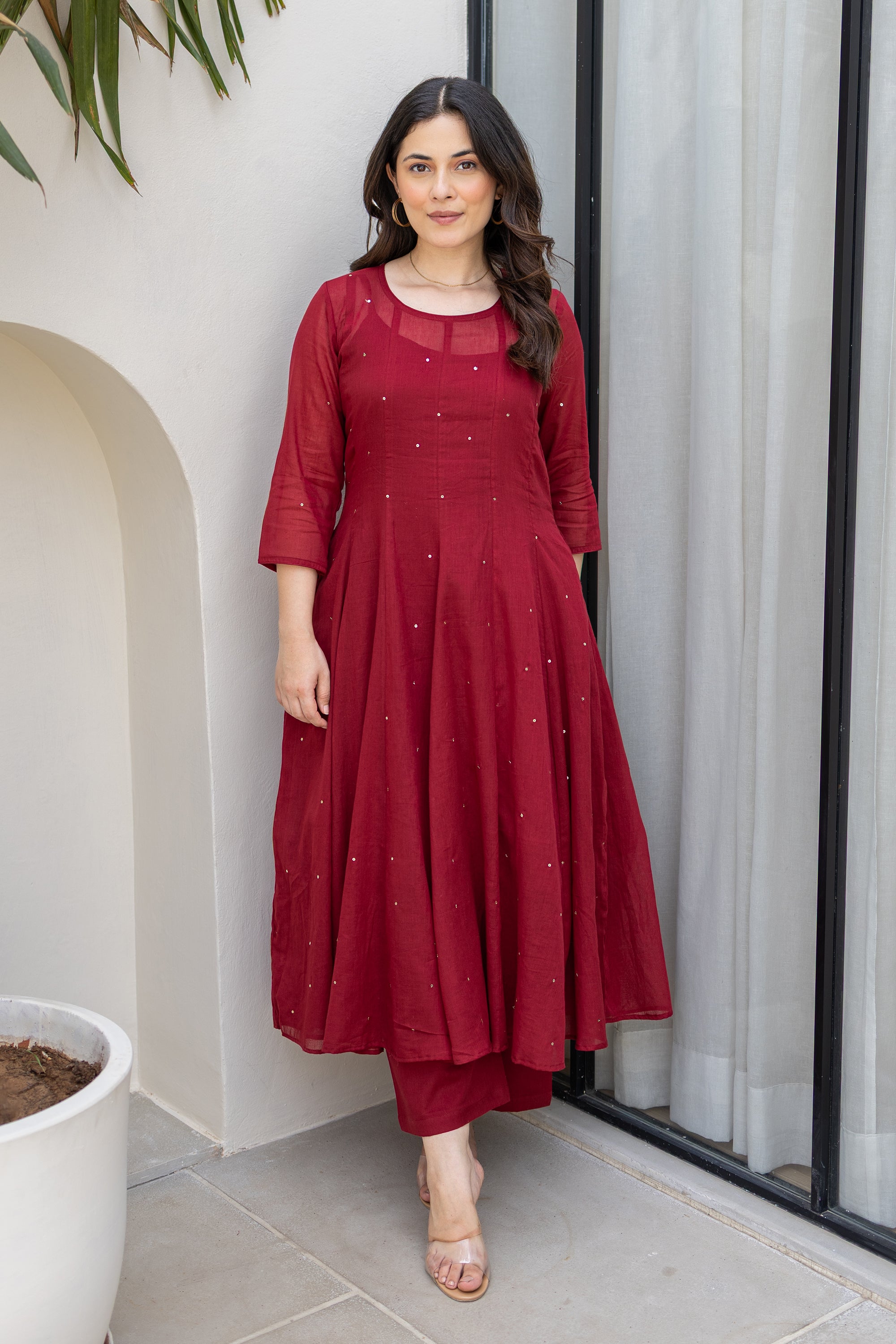 Mulberry Maroon Grace Cotton Mulmul Anarkali Set With Matching Doriya Dupatta