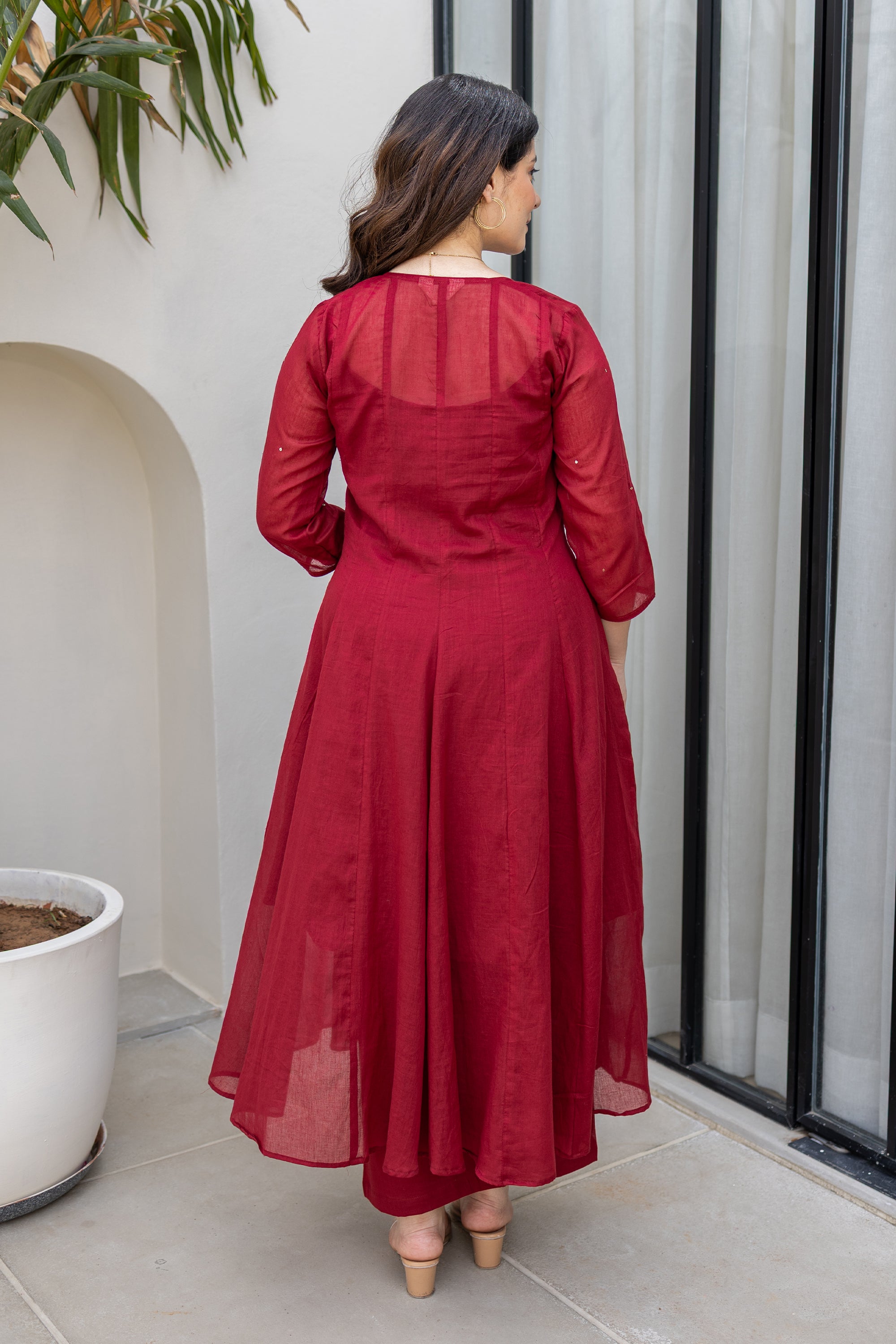 Mulberry Maroon Grace Cotton Mulmul Anarkali Set With Matching Doriya Dupatta