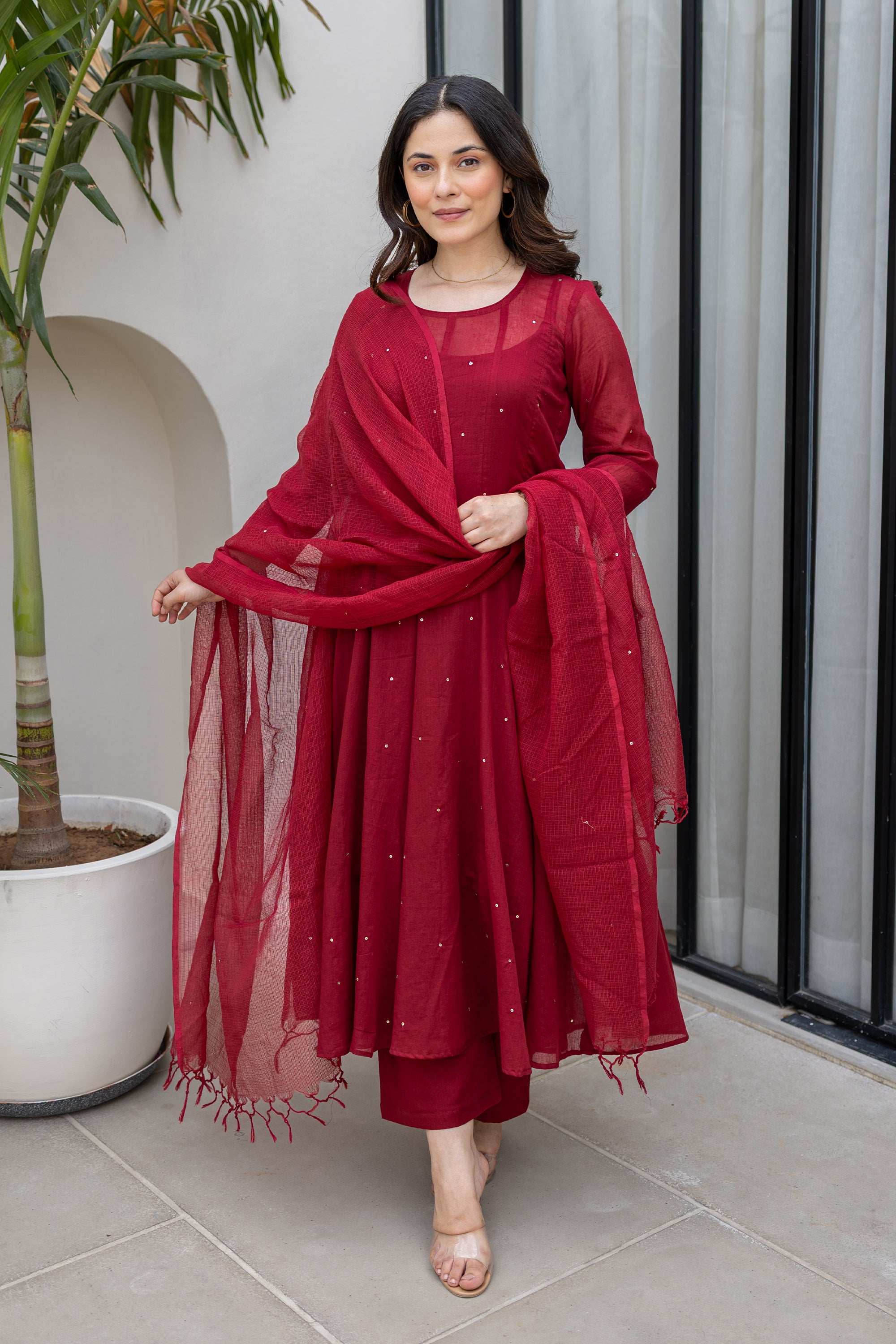 Mulberry Maroon Grace Cotton Mulmul Anarkali Set With Matching Doriya Dupatta