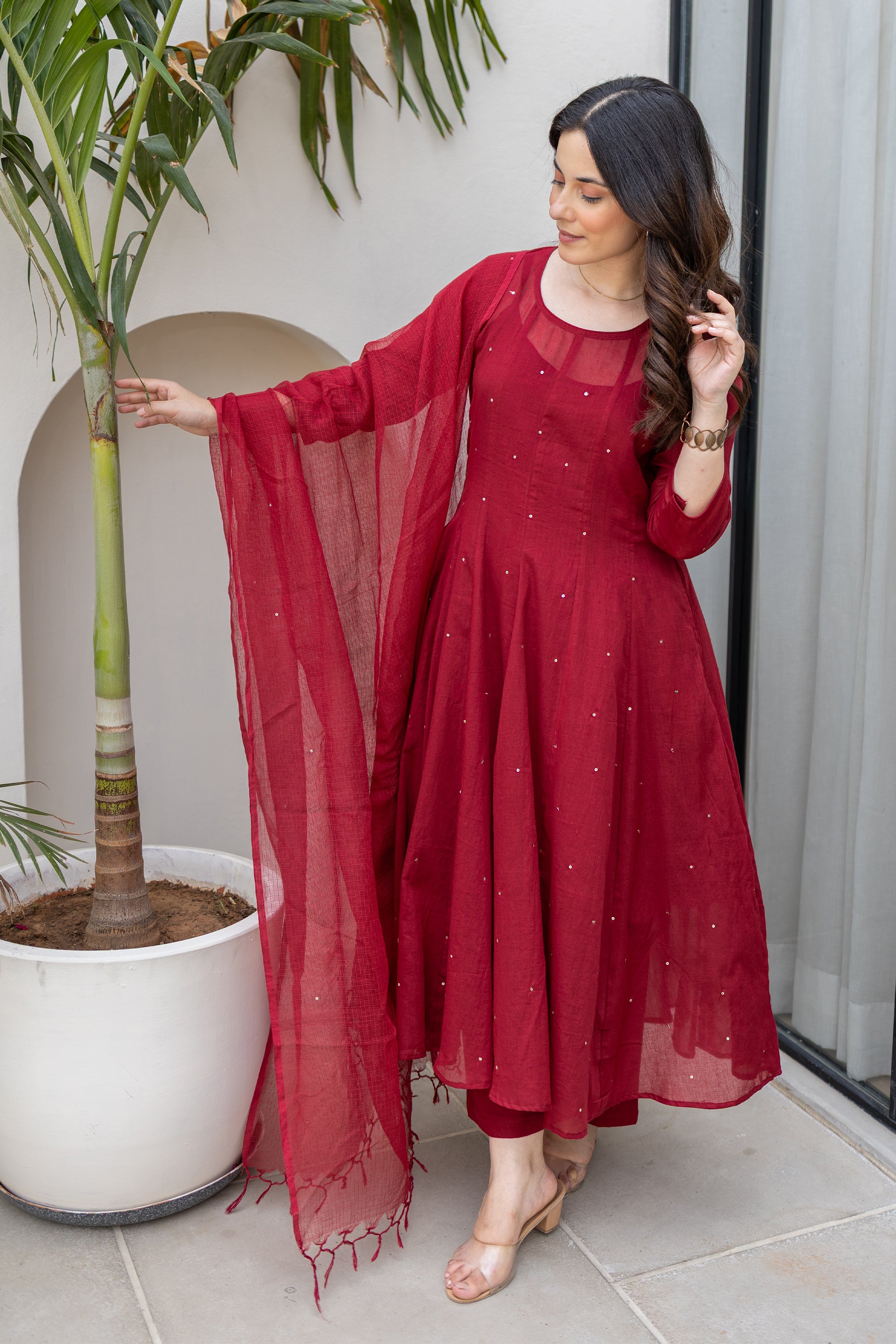 Mulberry Maroon Grace Cotton Mulmul Anarkali Set With Matching Doriya Dupatta