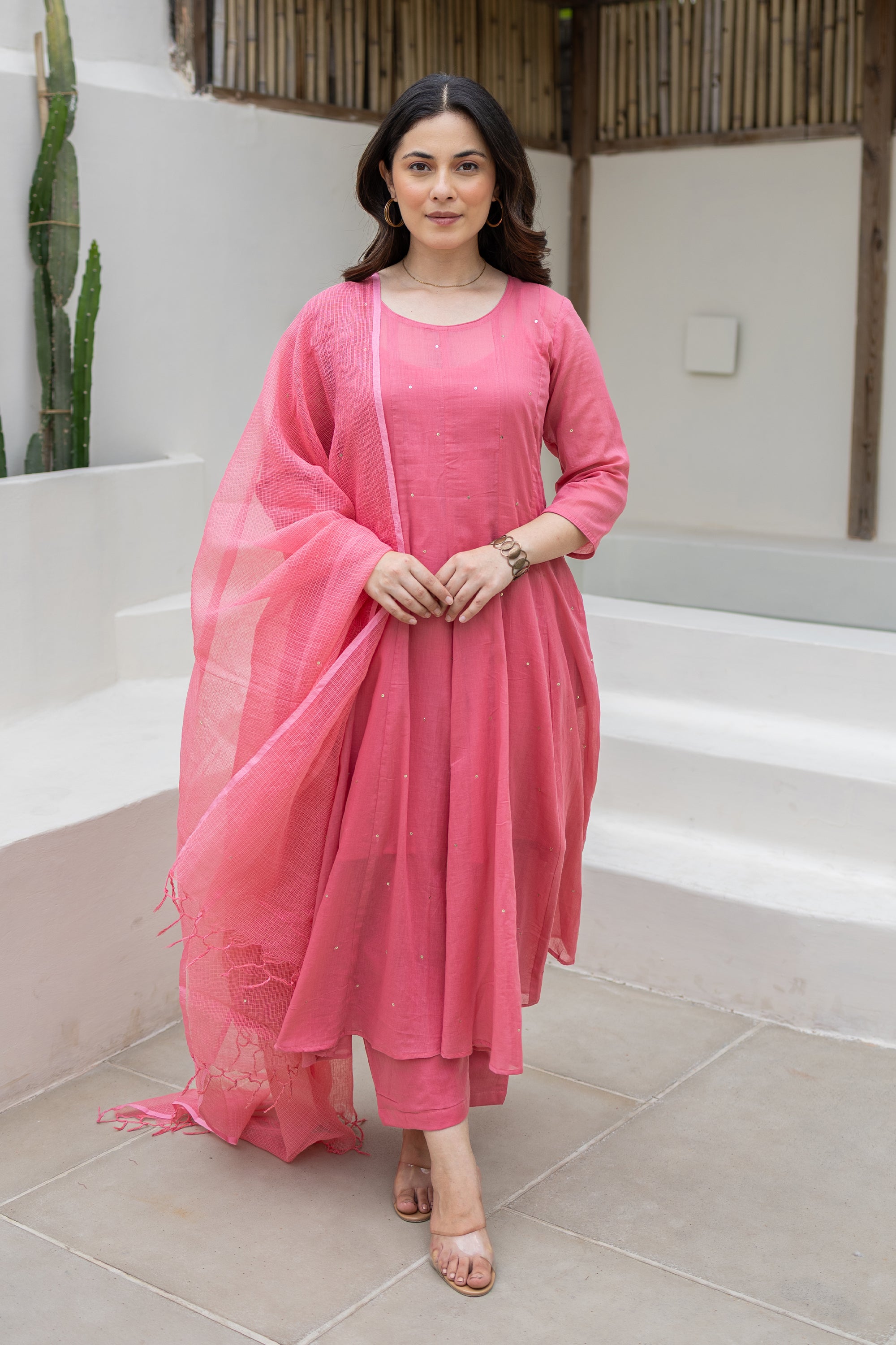 Rosewood Bloom Cotton Mulmul Anarkali Set With Matching Doriya Dupatta