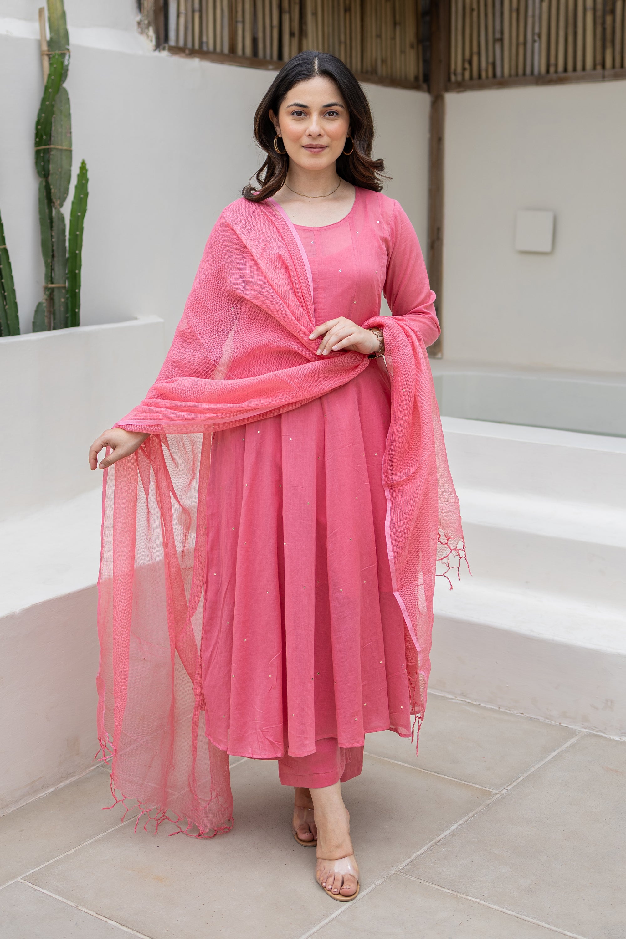 Rosewood Bloom Cotton Mulmul Anarkali Set With Matching Doriya Dupatta