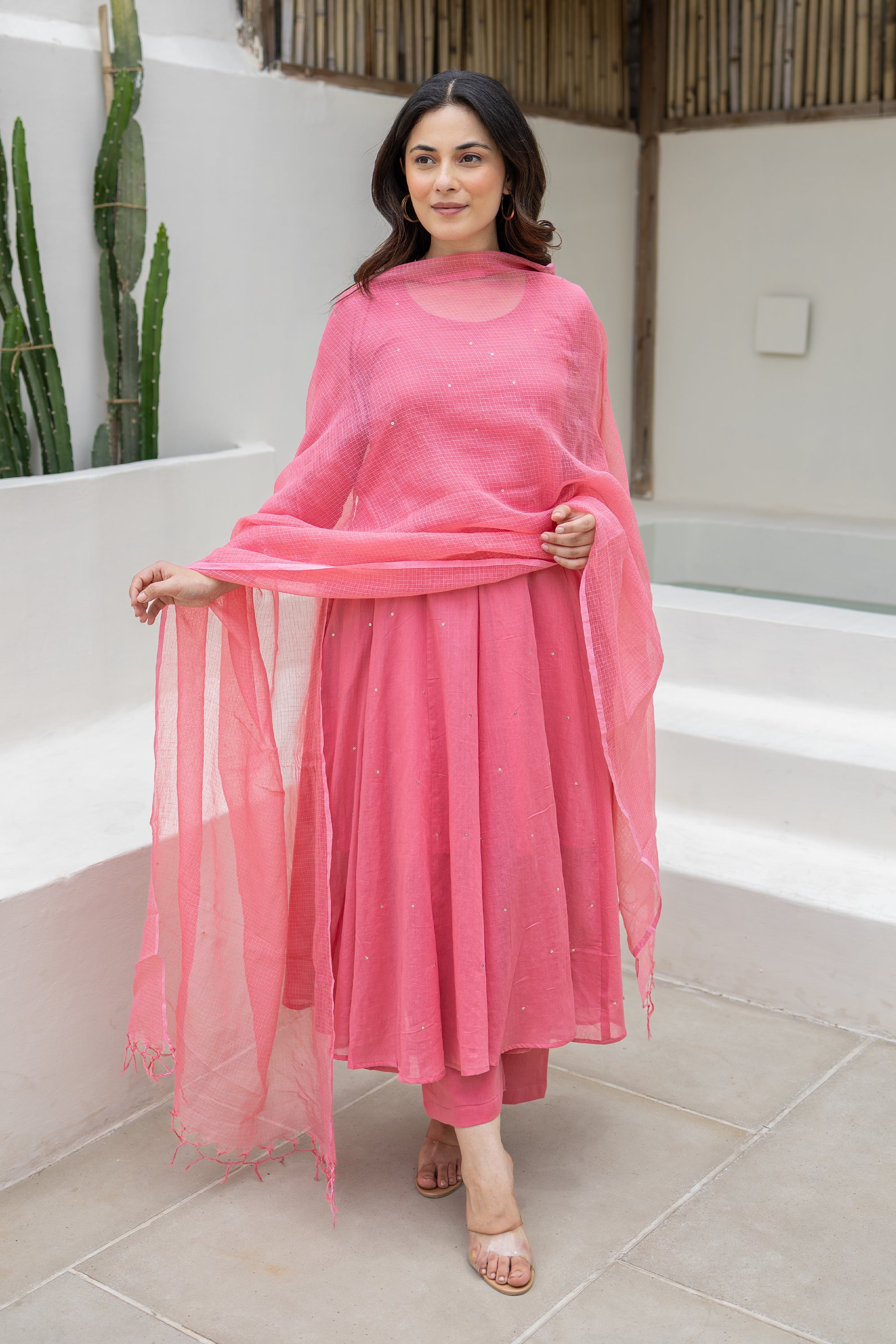 Rosewood Bloom Cotton Mulmul Anarkali Set With Matching Doriya Dupatta