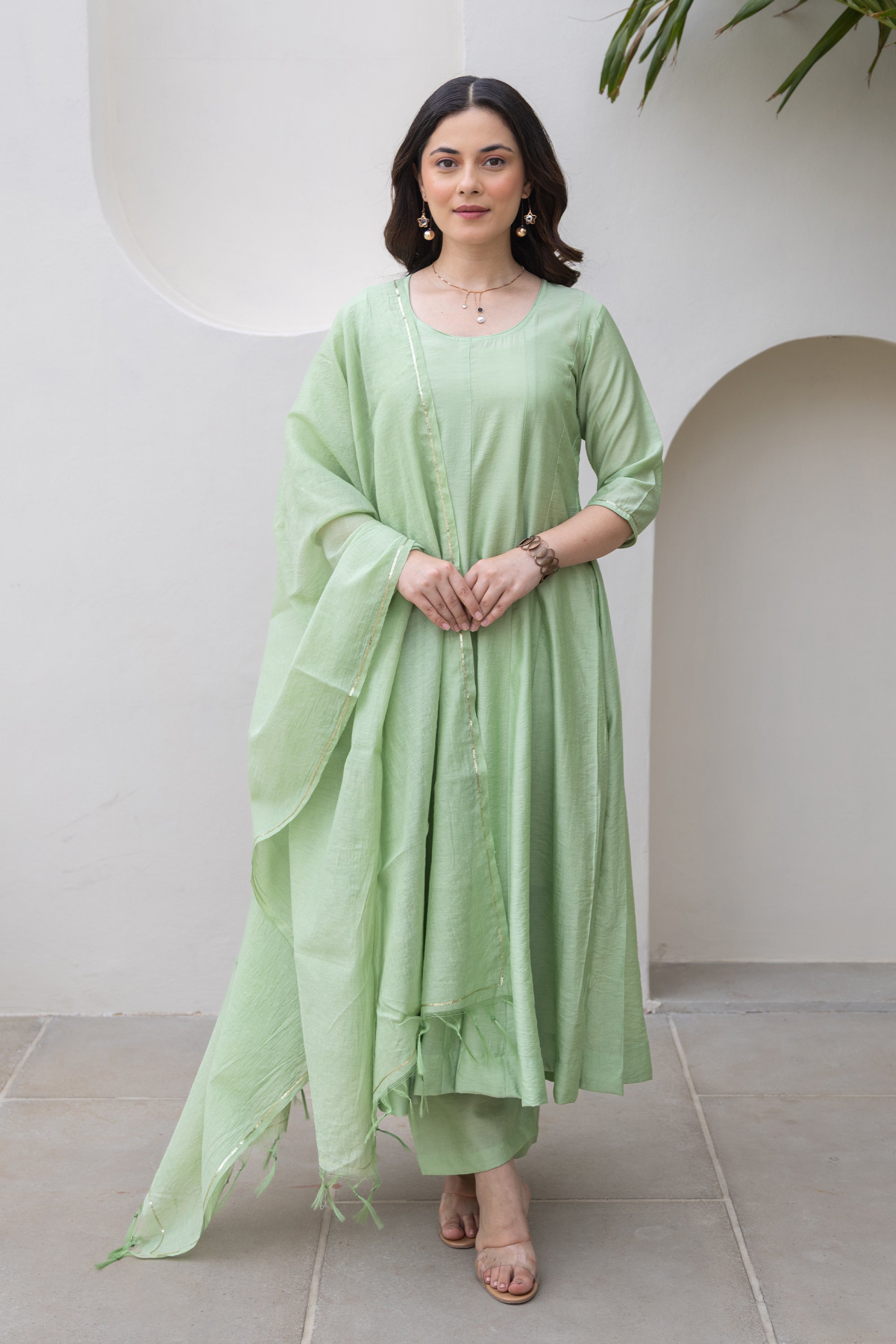Pista Green Chanderi Anarkali Set With Matching Chanderi Dupatta
