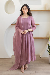 Lavender Mist Cotton Mulmul Anarkali Set With Matching Doriya Dupatta
