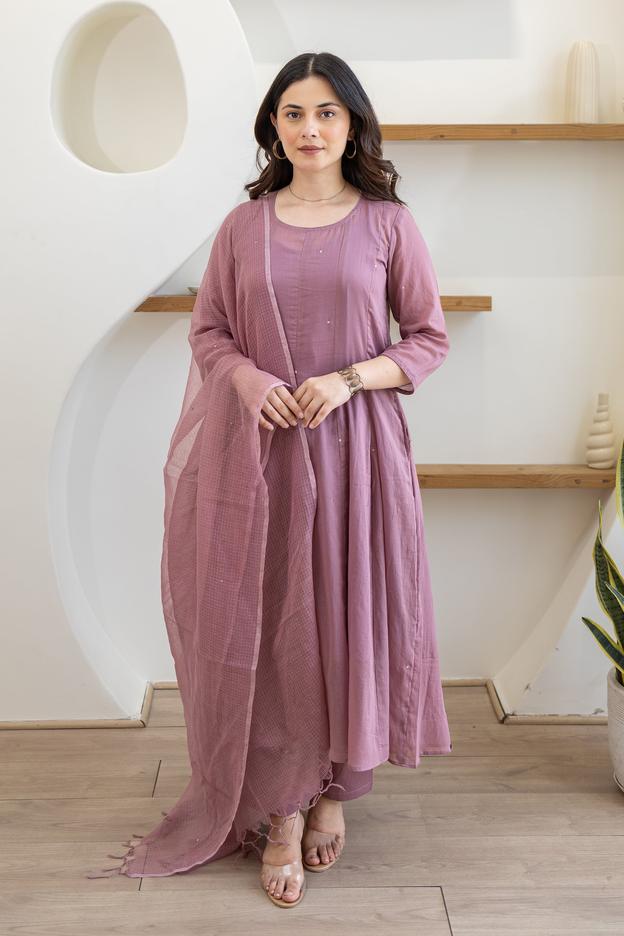 Lavender Mist Cotton Mulmul Anarkali Set With Matching Doriya Dupatta