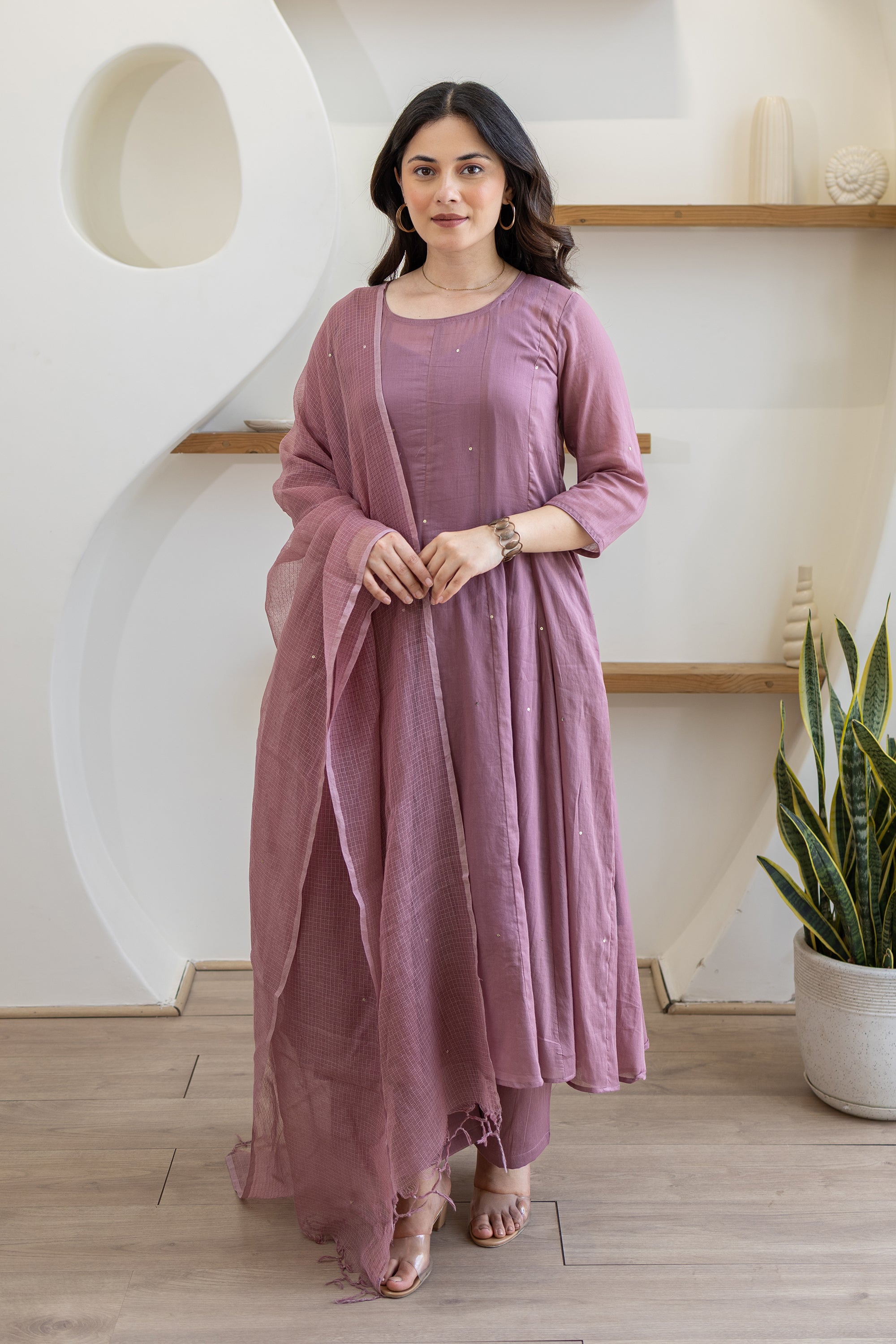 Lavender Mist Cotton Mulmul Anarkali Set With Matching Doriya Dupatta