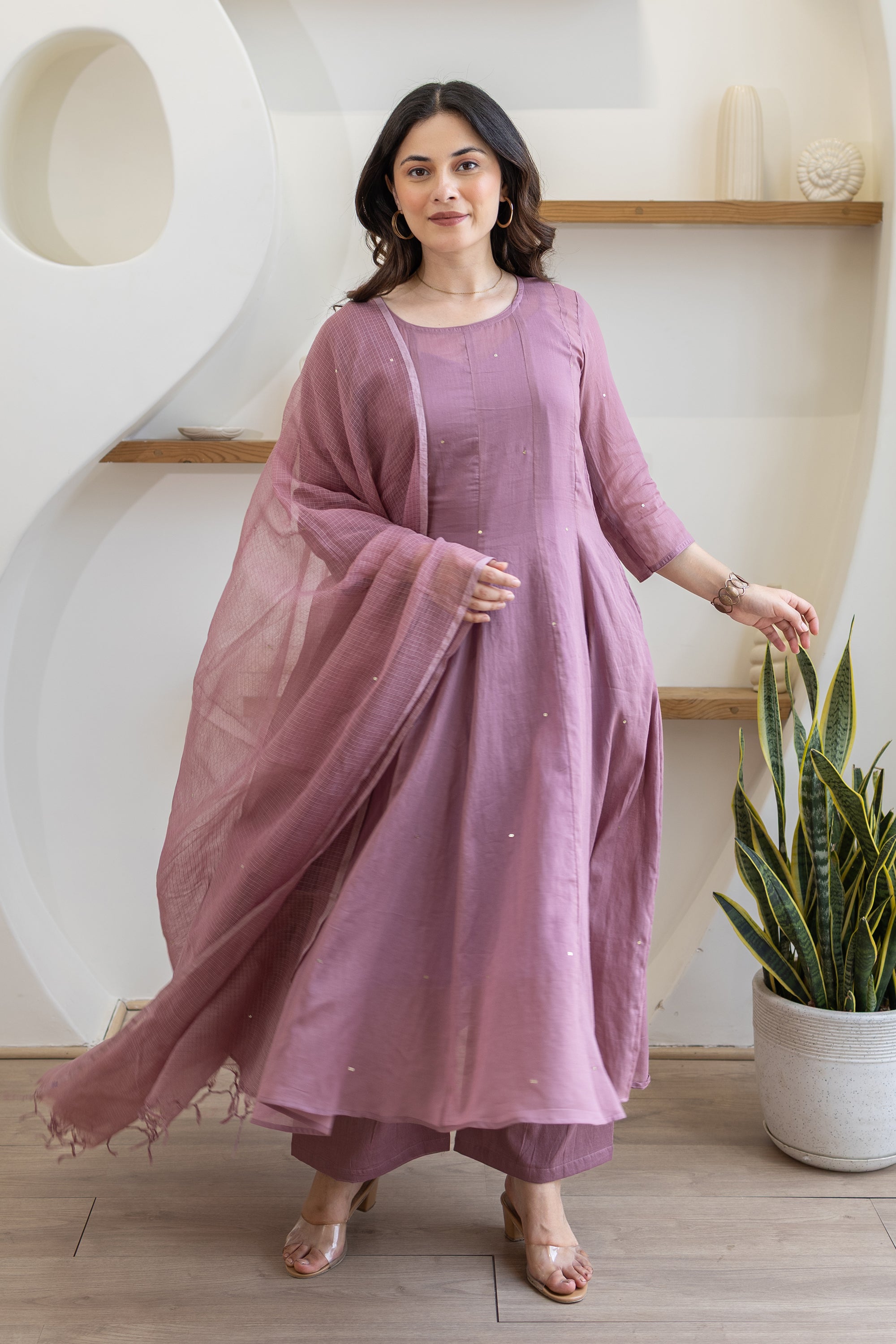 Lavender Mist Cotton Mulmul Anarkali Set With Matching Doriya Dupatta