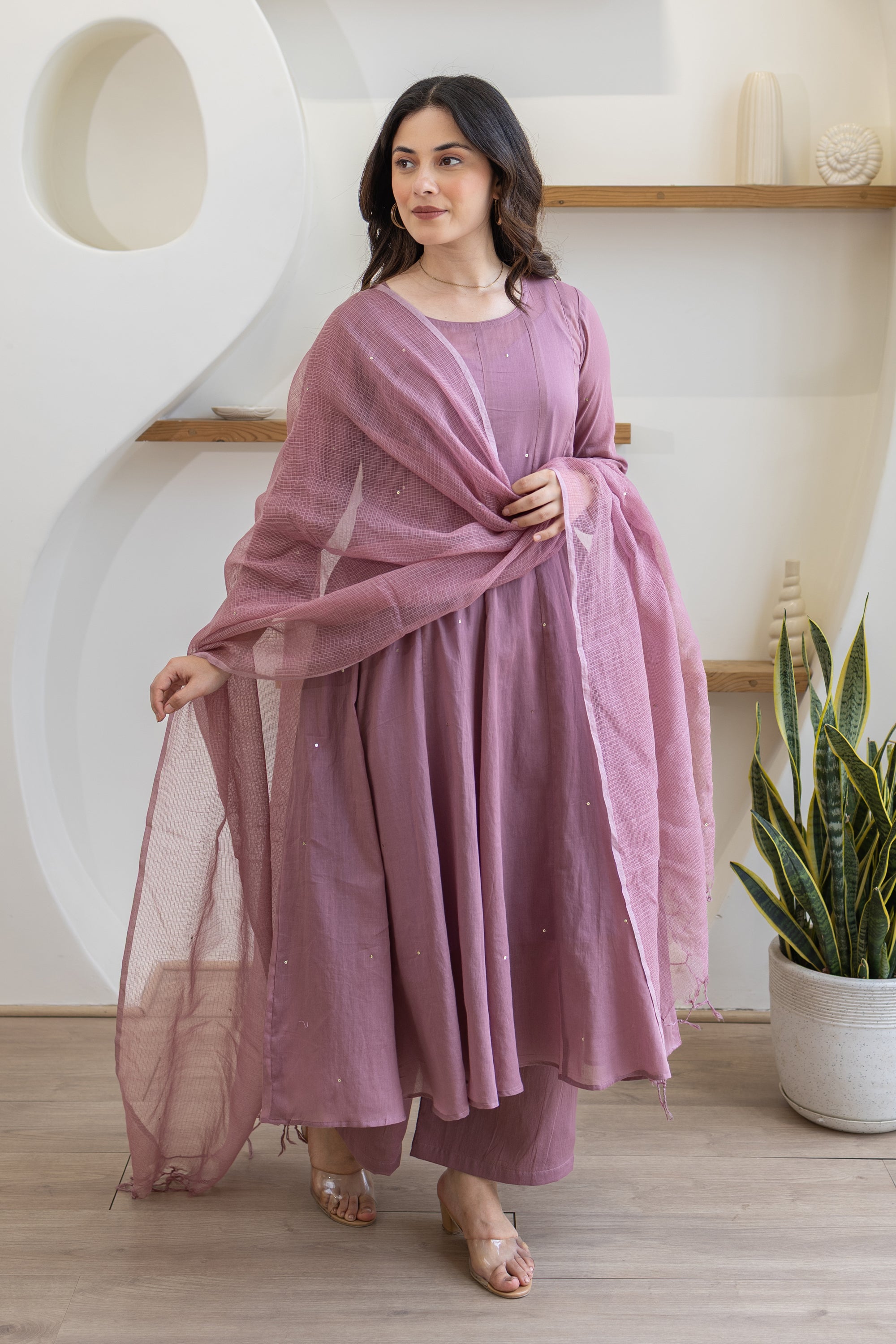 Lavender Mist Cotton Mulmul Anarkali Set With Matching Doriya Dupatta