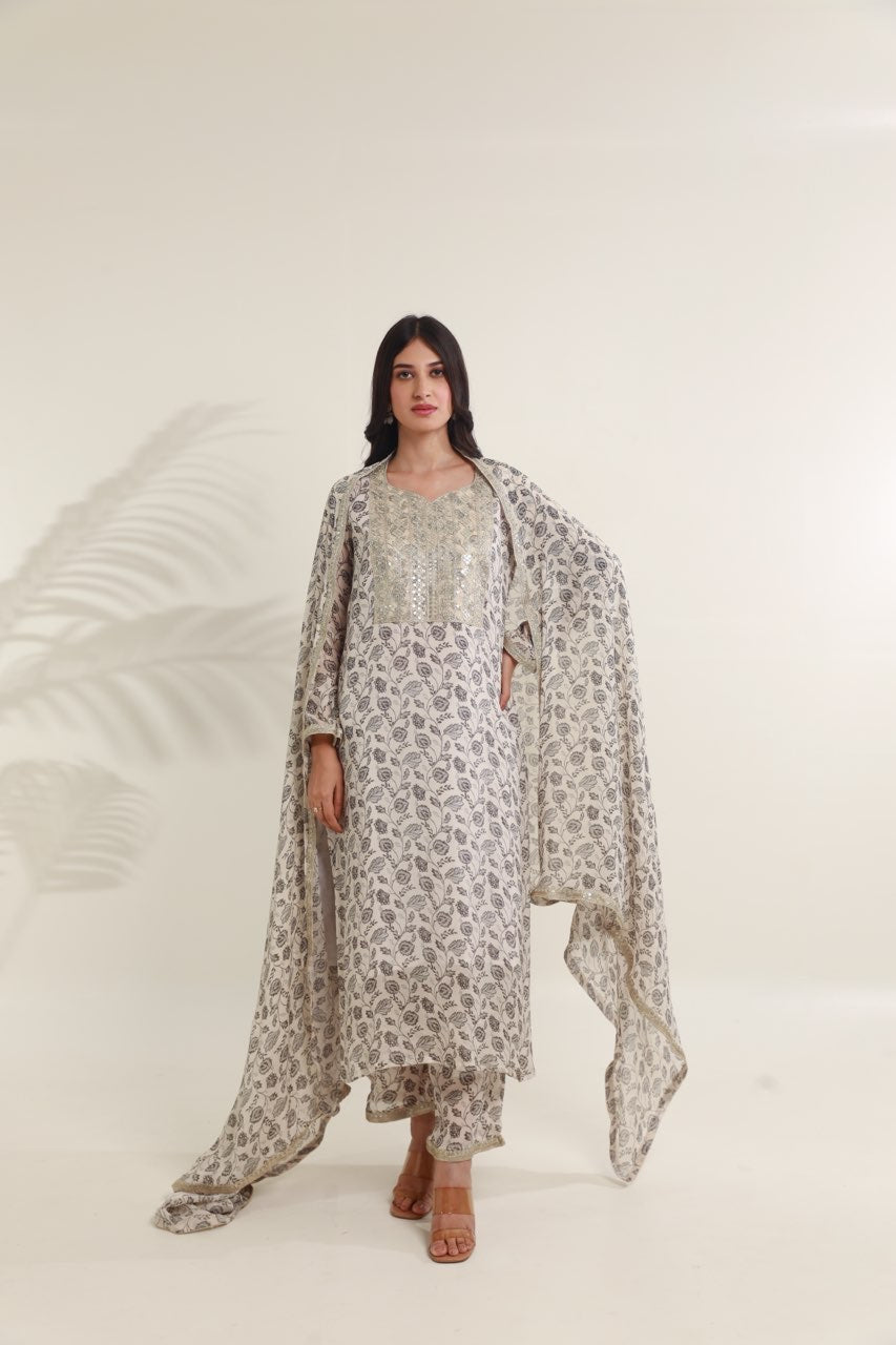 White Black floral digital print viscose chinon kurta set Asrumo