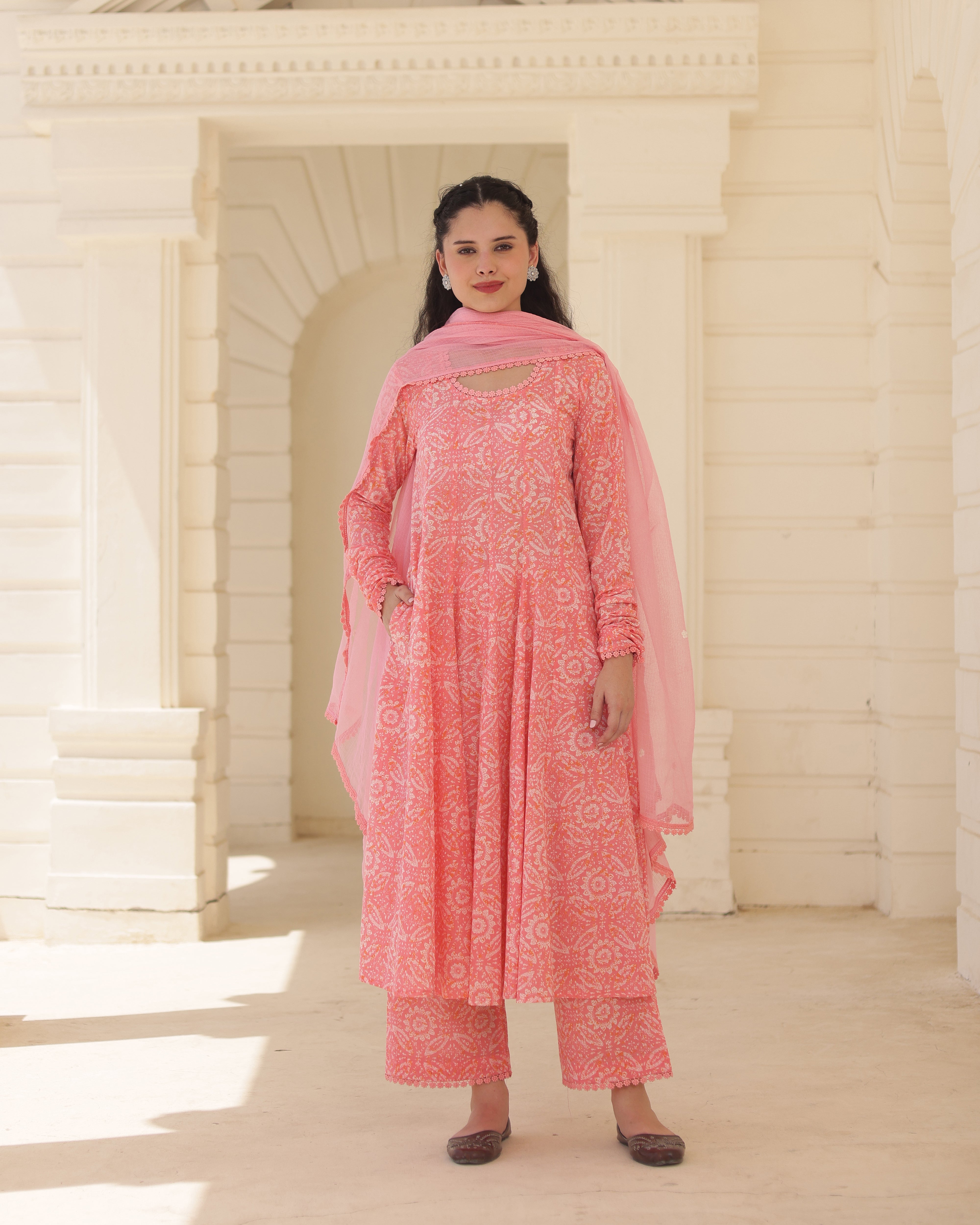 Blush Rose Pink Handblock Cotton Suit Set with Kota Doria Dupatta