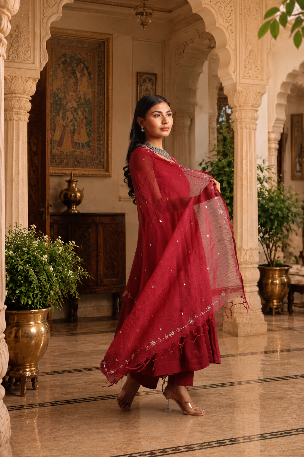 Maroon Mulmul Anarkali Set With Taari And Zari Embroidred Doriya Dupatta