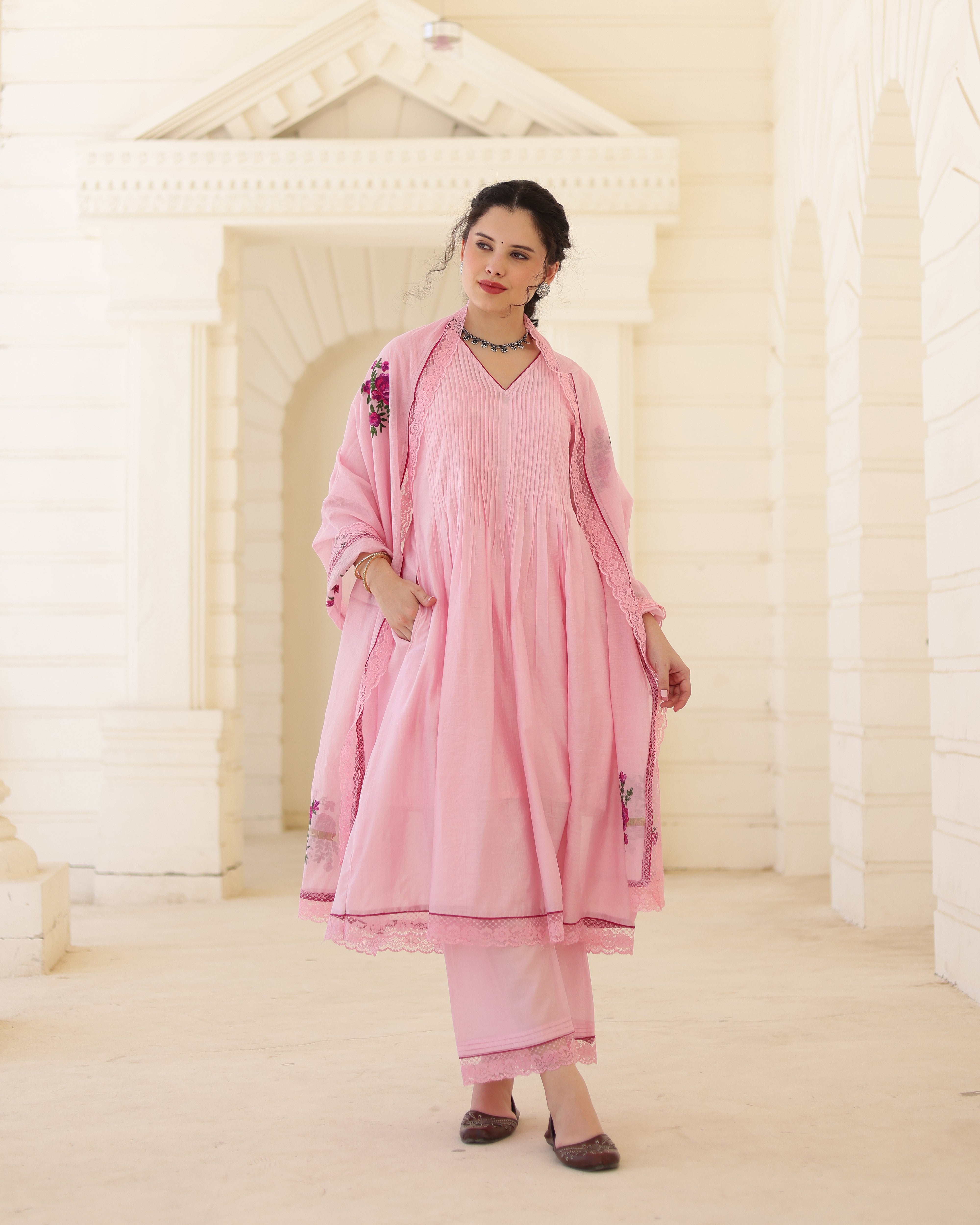 Roselle Blush Pink Chanderi Aari Embroidered Kurta Palazzo Set with Floral Dupatta