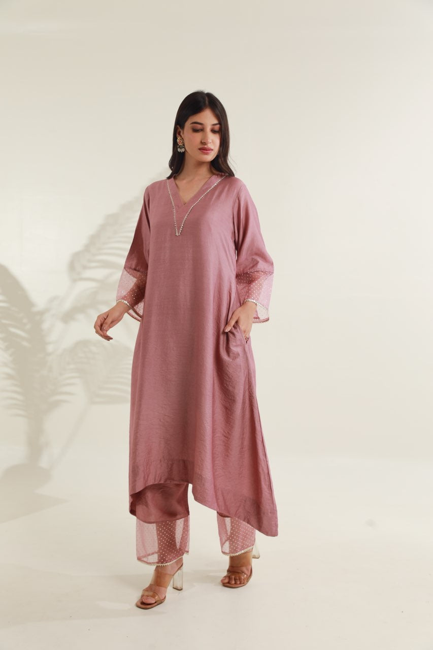 Rose Pink Chanderi Straight Set Asrumo