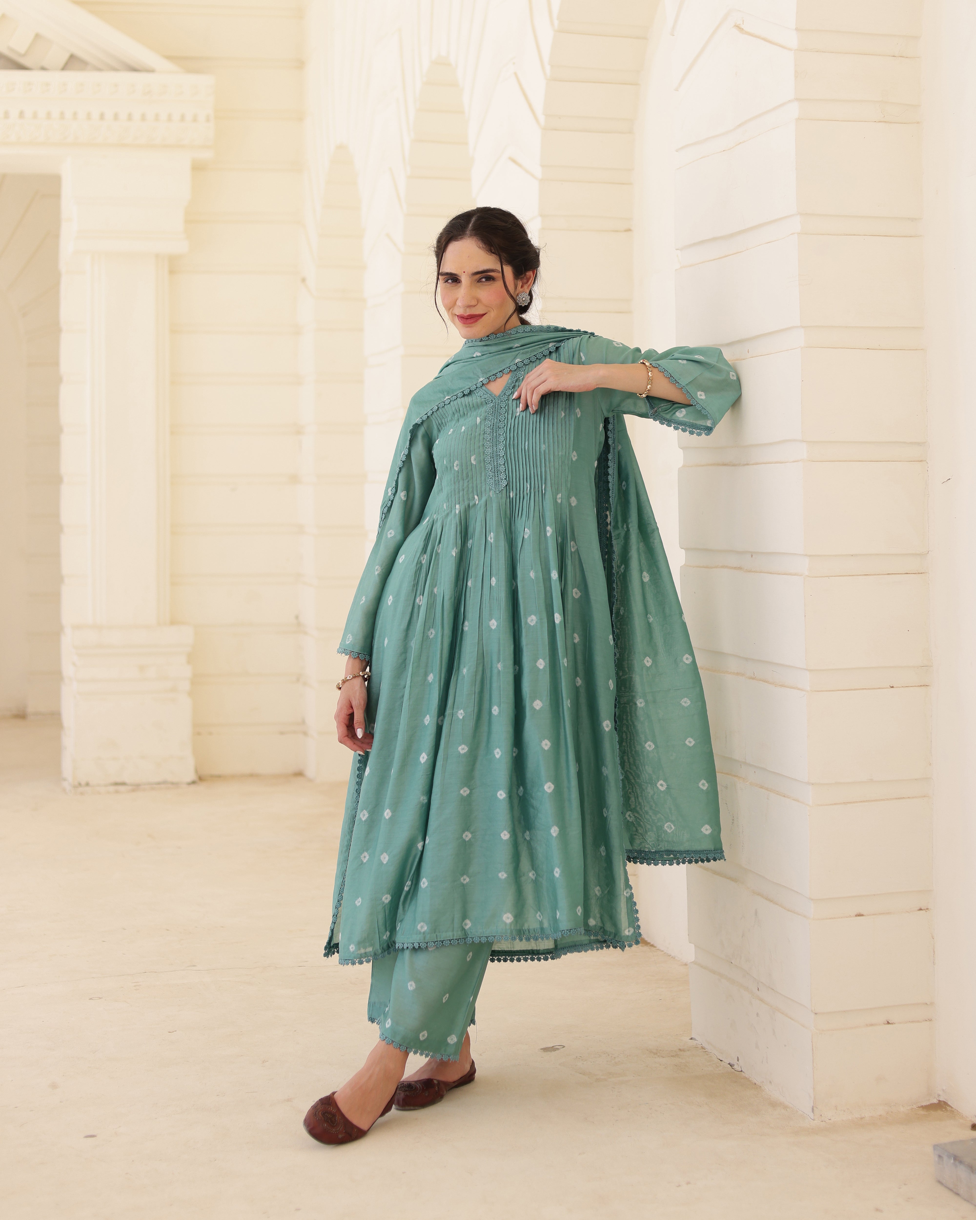 Sage Bloom Green Chanderi Hand Bandhej Suit Set with Dupatta