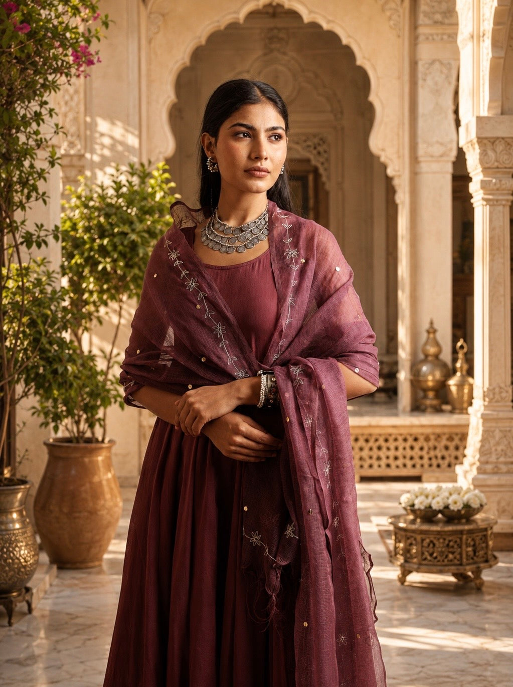 Mauve Mulmul Anarkali Set With Taari And Zari Embroidred Doriya Dupatta
