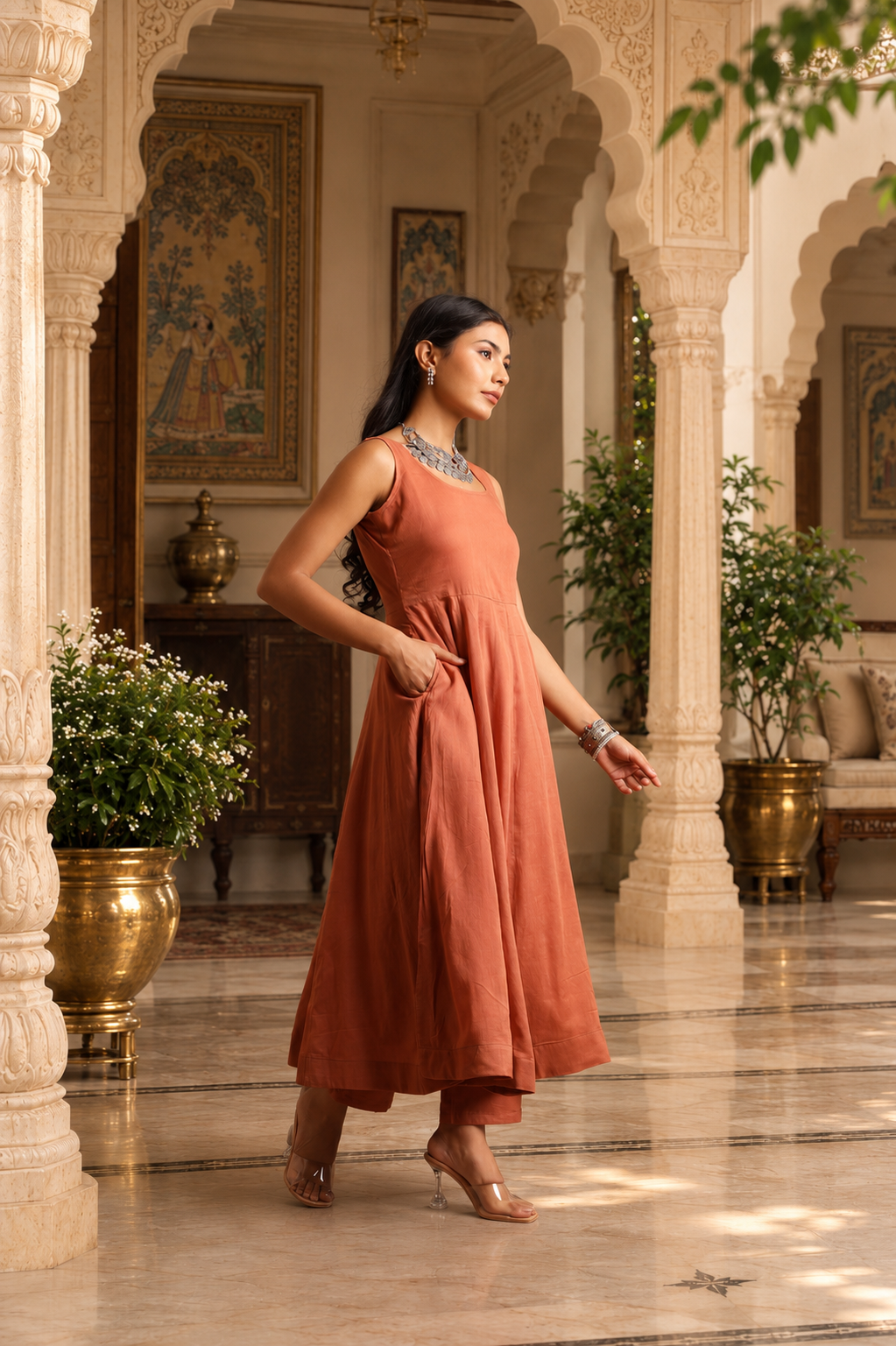 Brown Mulmul Anarkali Set With Taari And Zari Embroidred Doriya Dupatta
