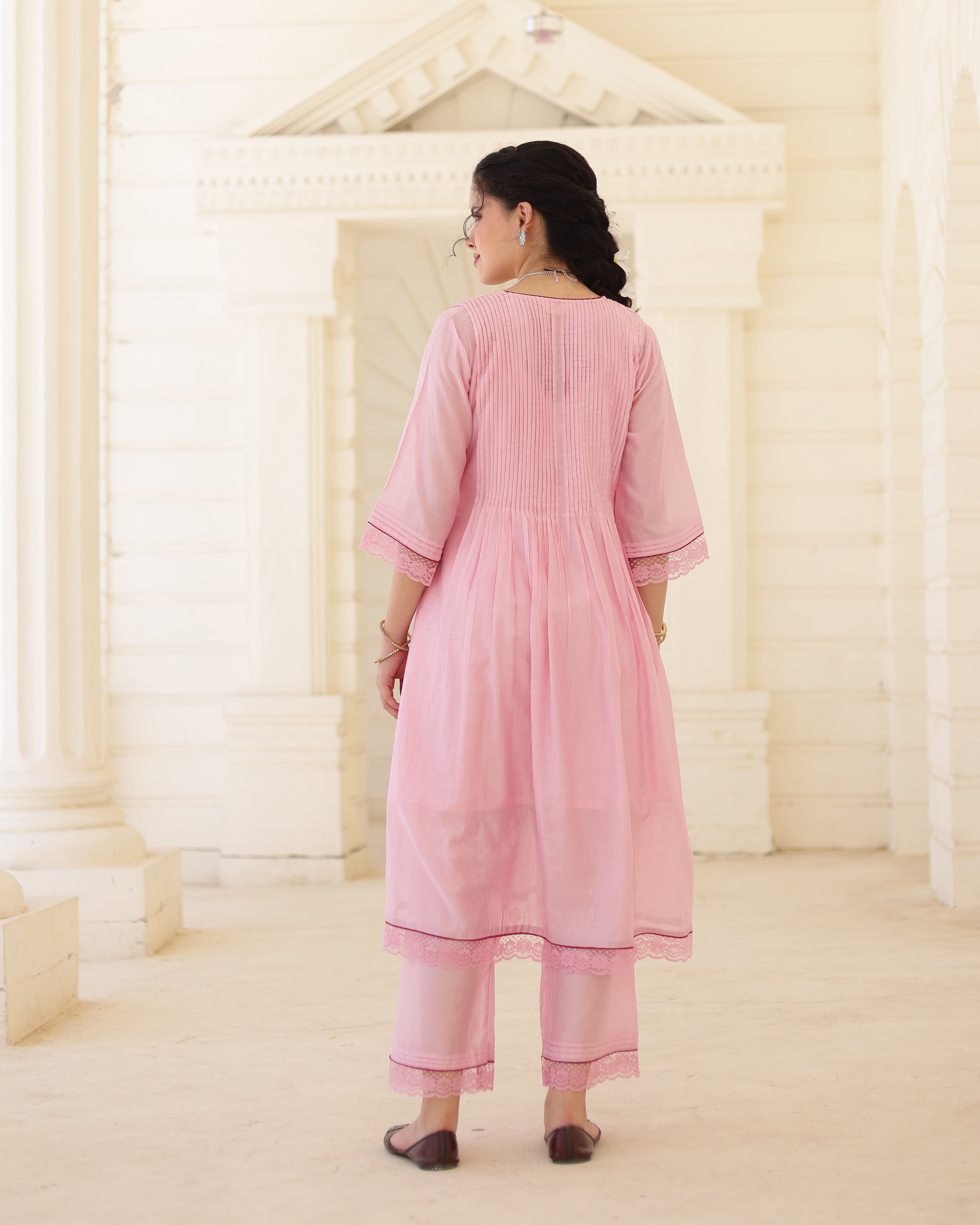 Roselle Blush Pink Chanderi Aari Embroidered Kurta Palazzo Set with Floral Dupatta