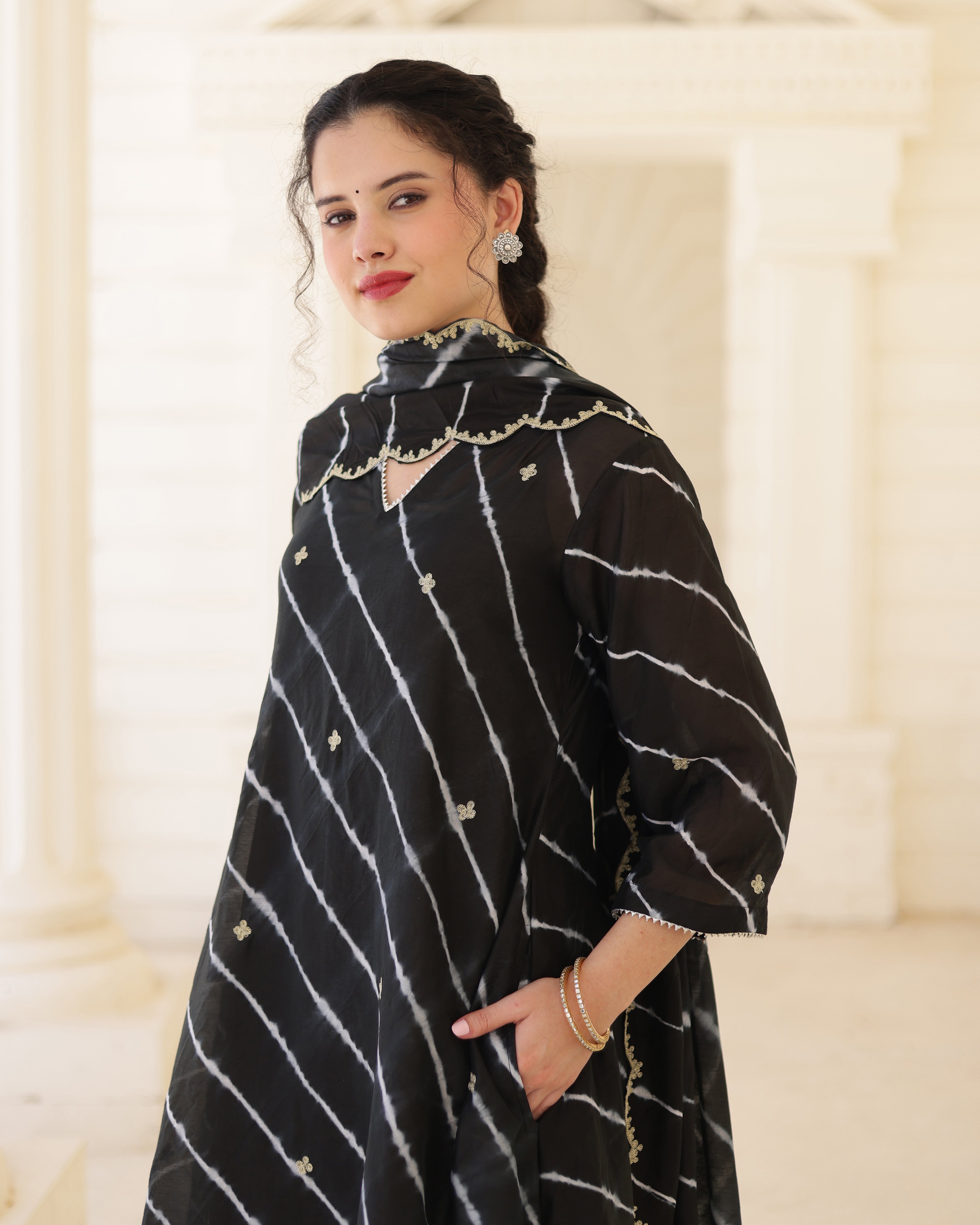 Nero Black Chanderi Hand Dyed Leheriya Kurta Set with Zari Aari Embroidery