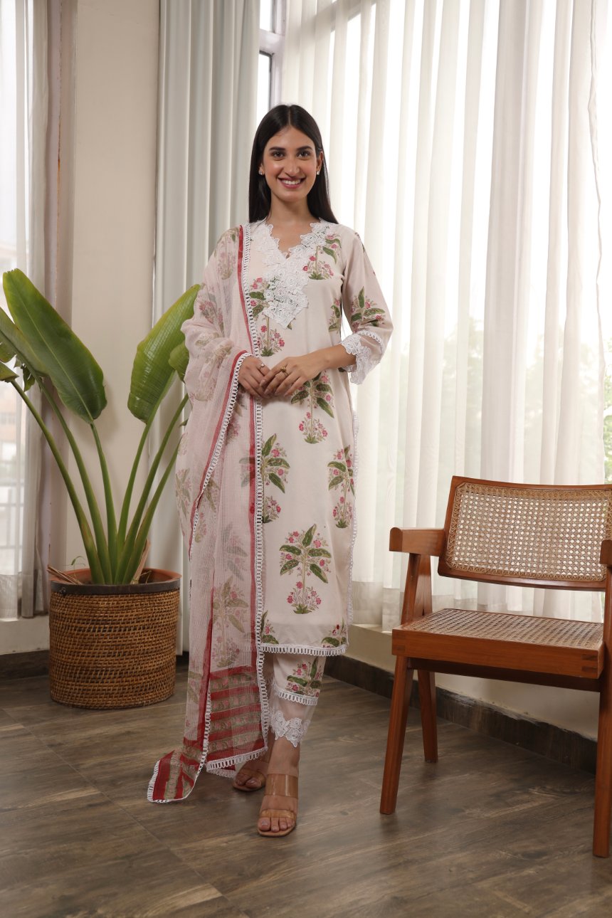 Palm Tree Handblock Cotton Straight Set Asrumo