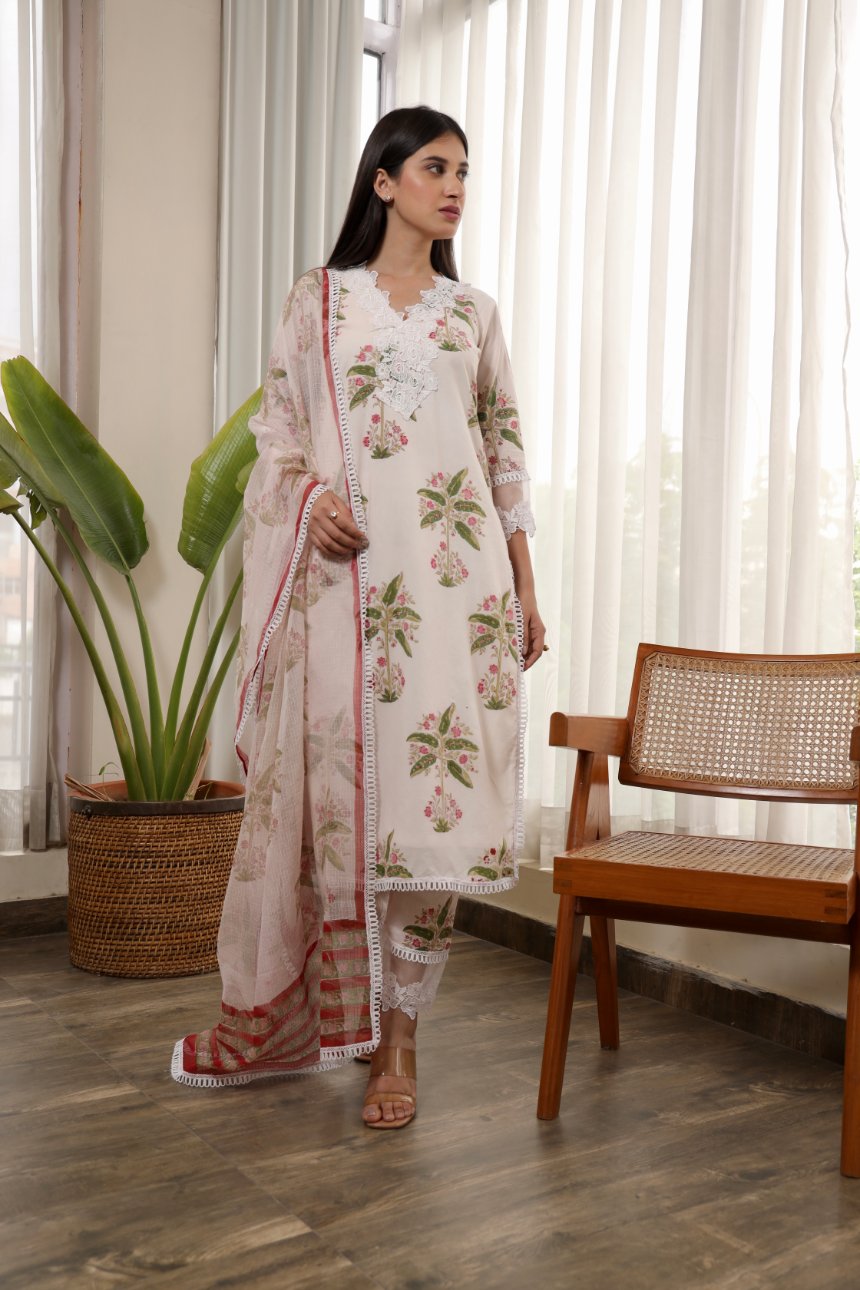 Palm Tree Handblock Cotton Straight Set Asrumo