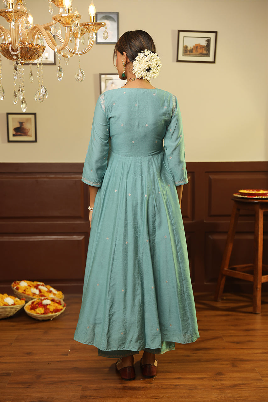 Green Chanderi Gota Jaal Dupatta Anarkai Set