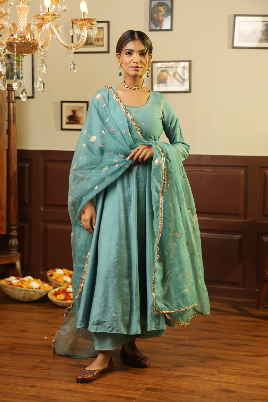 Green Chanderi Gota Jaal Dupatta Anarkai Set