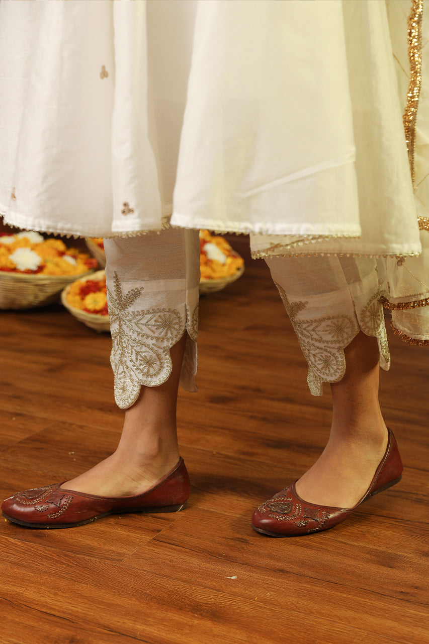 White Tara Mirror Work Chanderi Anarkali Set