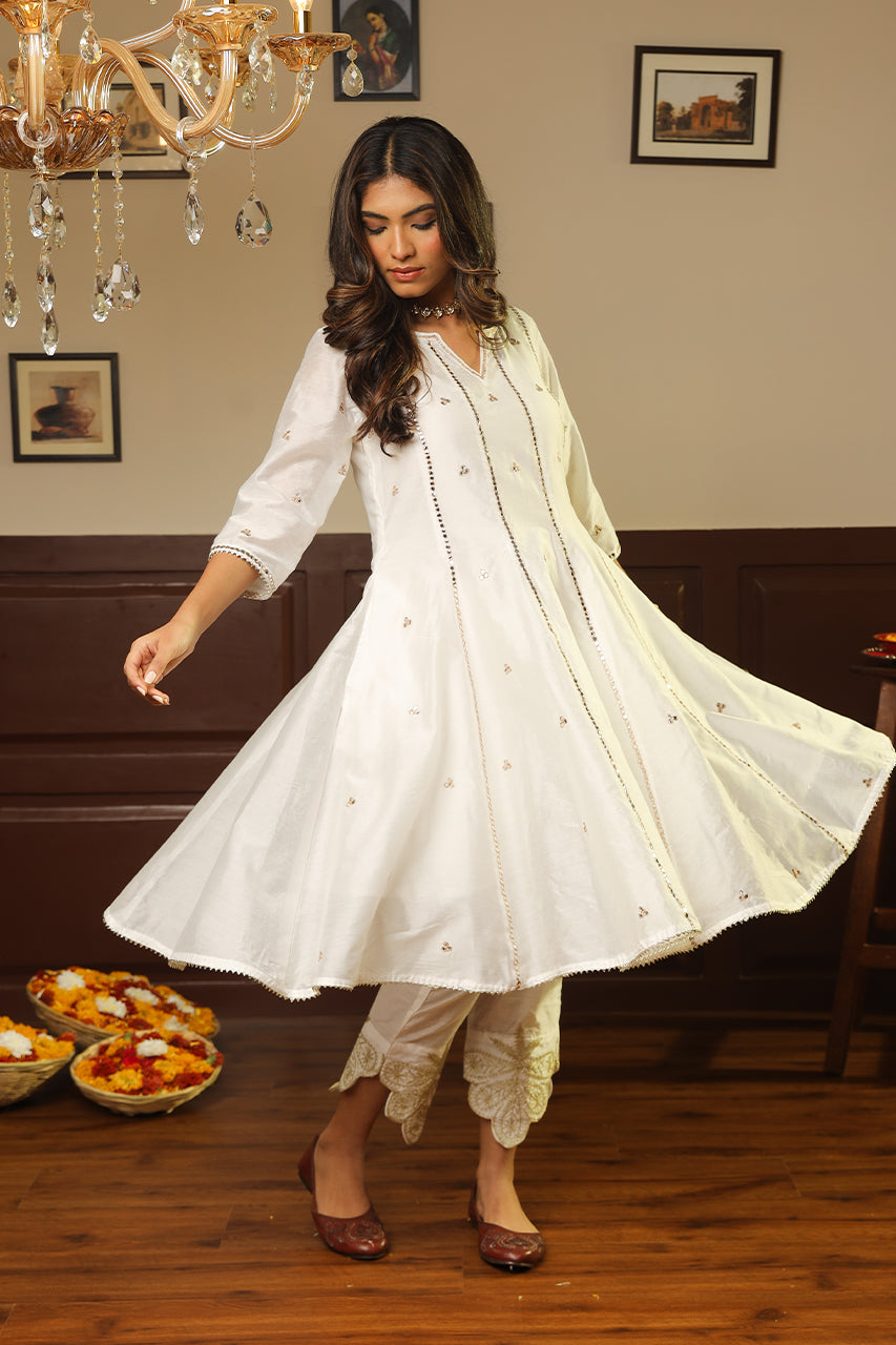 White Tara Mirror Work Chanderi Anarkali Set