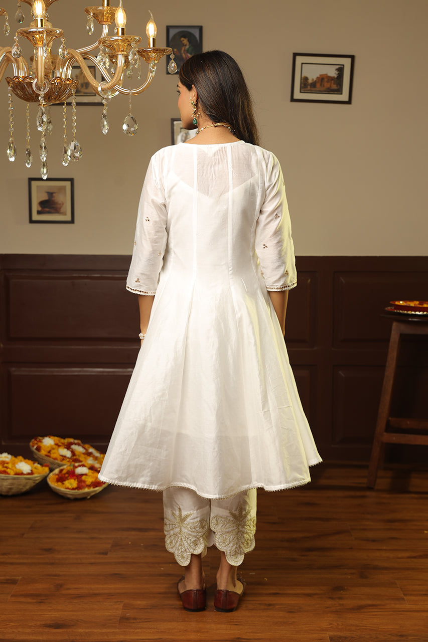 White Tara Mirror Work Chanderi Anarkali Set