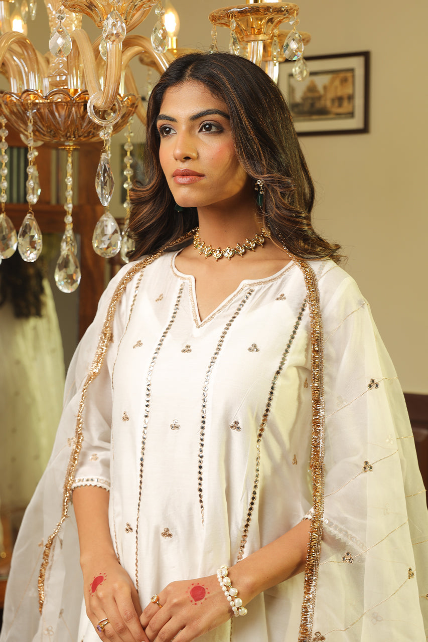 White Tara Mirror Work Chanderi Anarkali Set