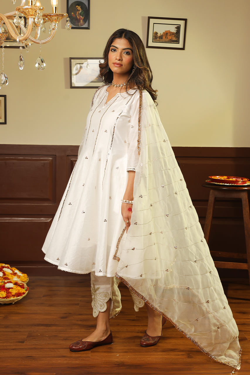 White Tara Mirror Work Chanderi Anarkali Set