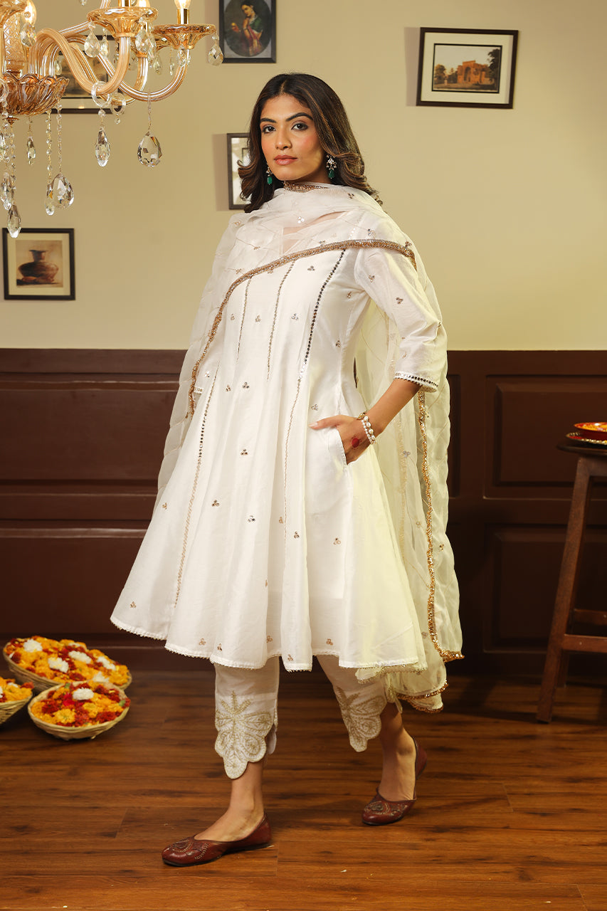 White Tara Mirror Work Chanderi Anarkali Set