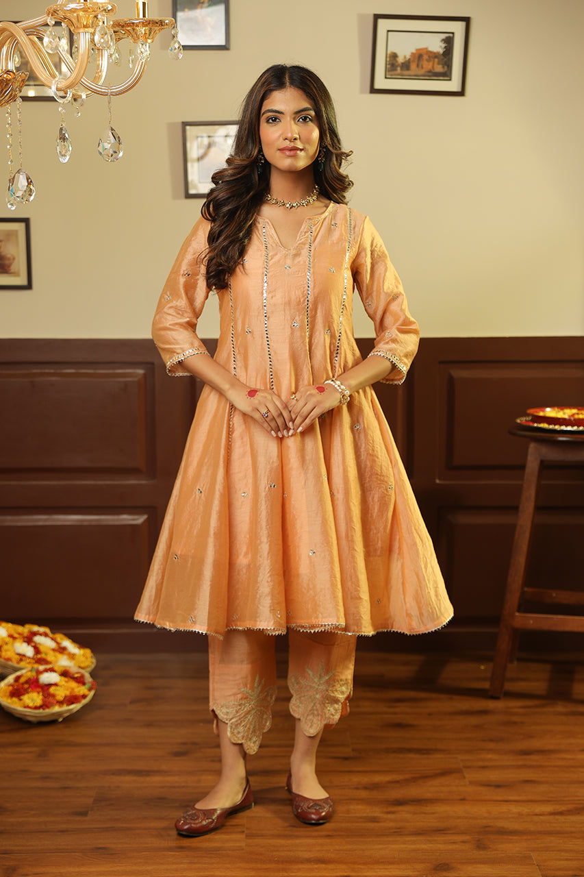 Peach Tara Mirror Work Chanderi Anarkali Set