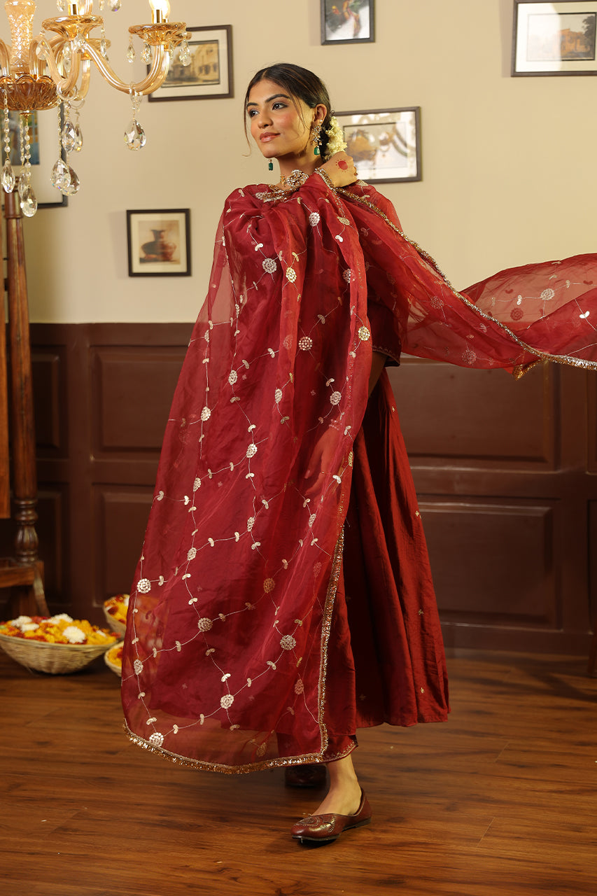 Maroon Chanderi Gota Jaal Dupatta Anarkali Set