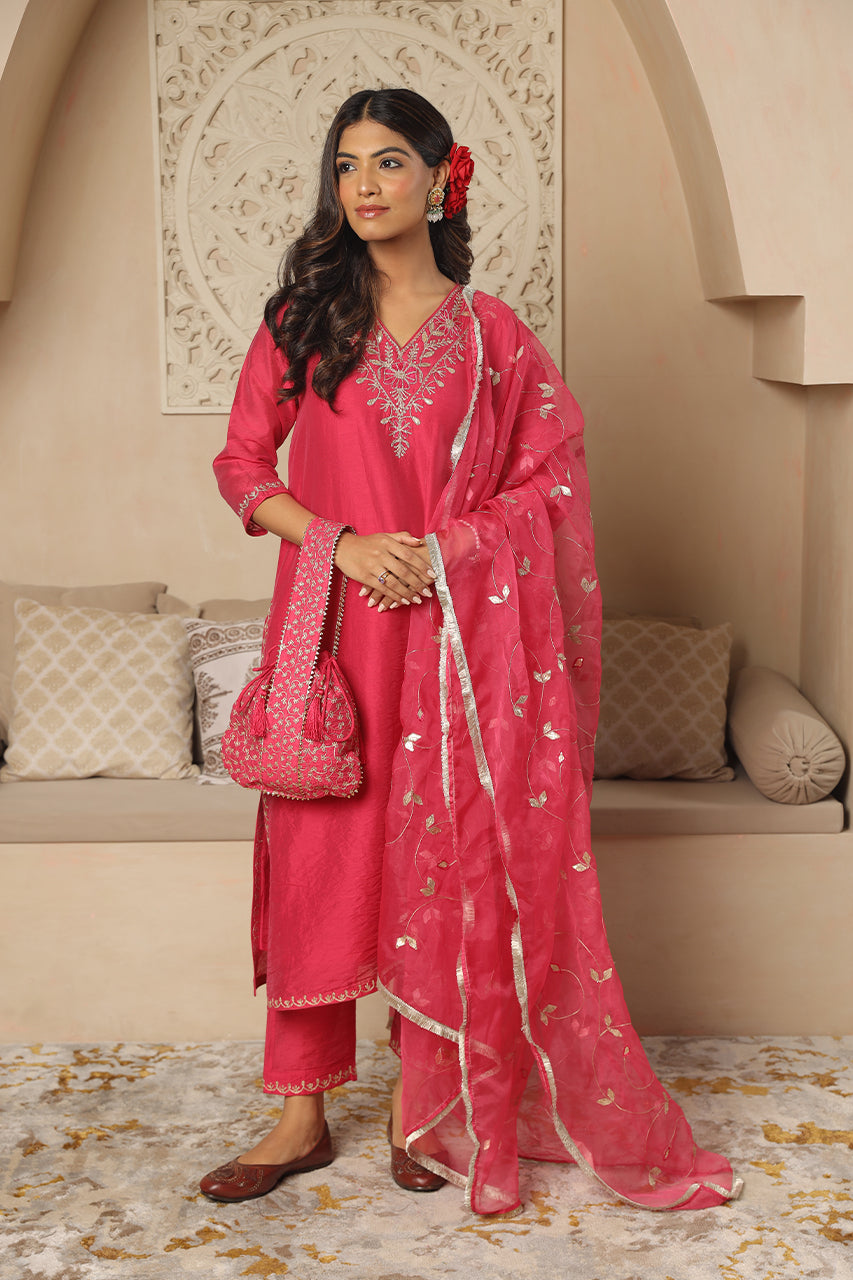 Pink Chanderi Gota Jaal Dupatta Straight Set