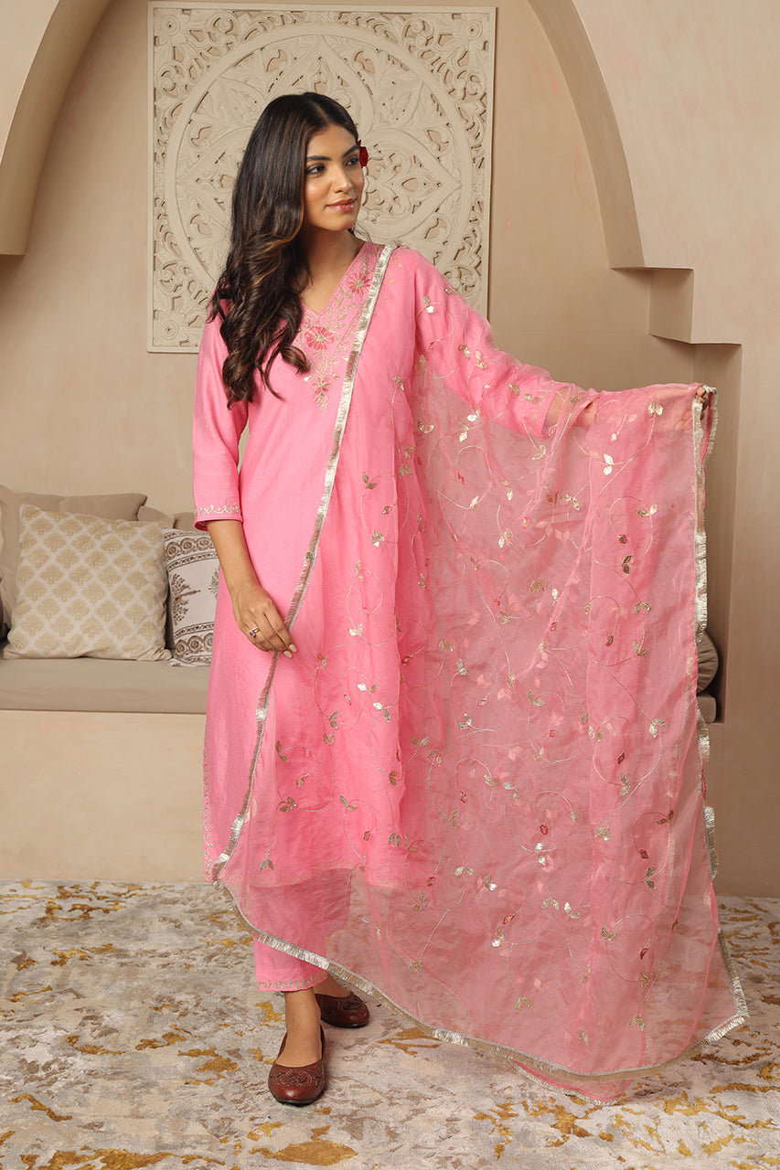 Light Pink Chanderi Gota jaal Dupatta Straight Set
