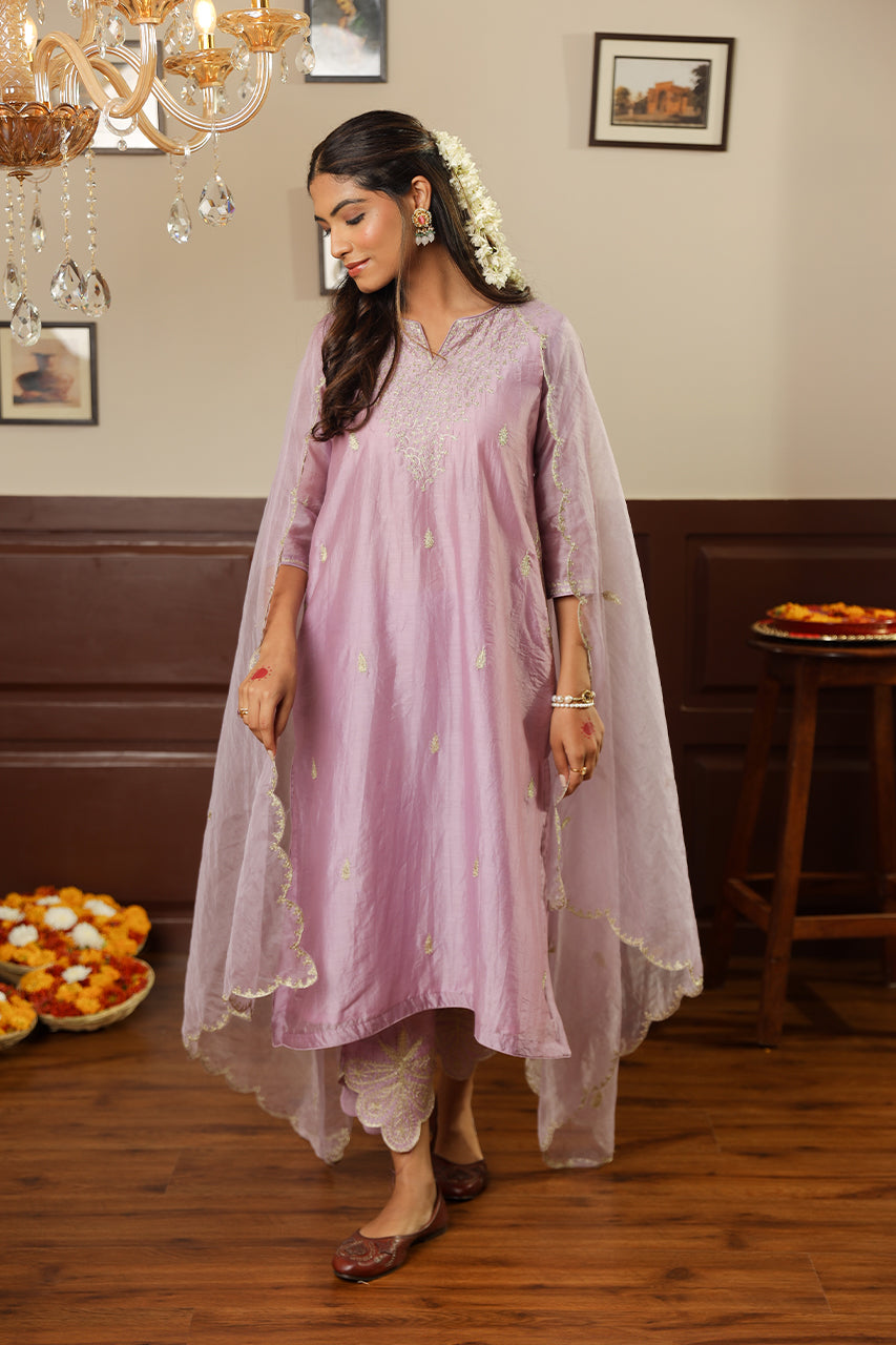 Purple Chanderi Heavy Neck Straight Set