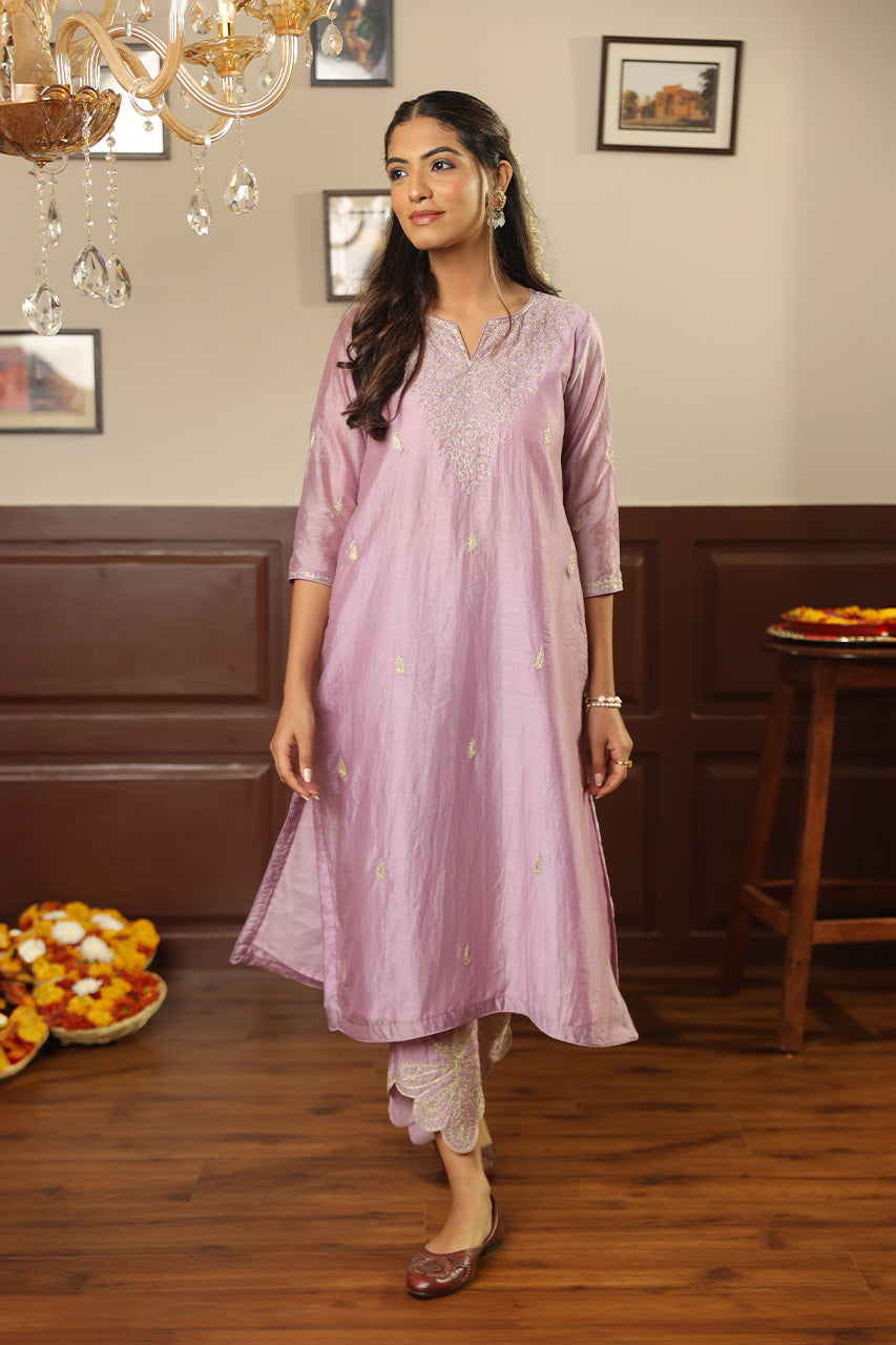 Purple Chanderi Heavy Neck Straight Set