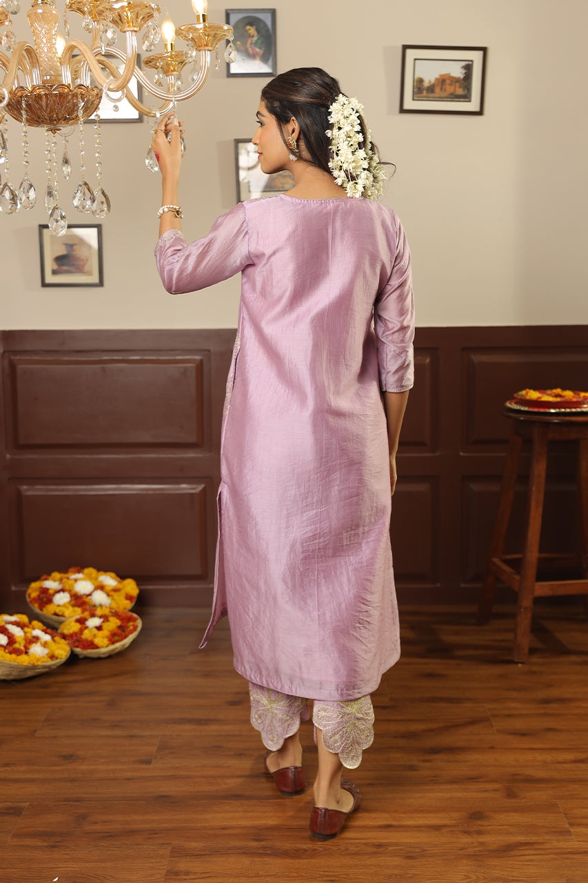 Purple Chanderi Heavy Neck Straight Set