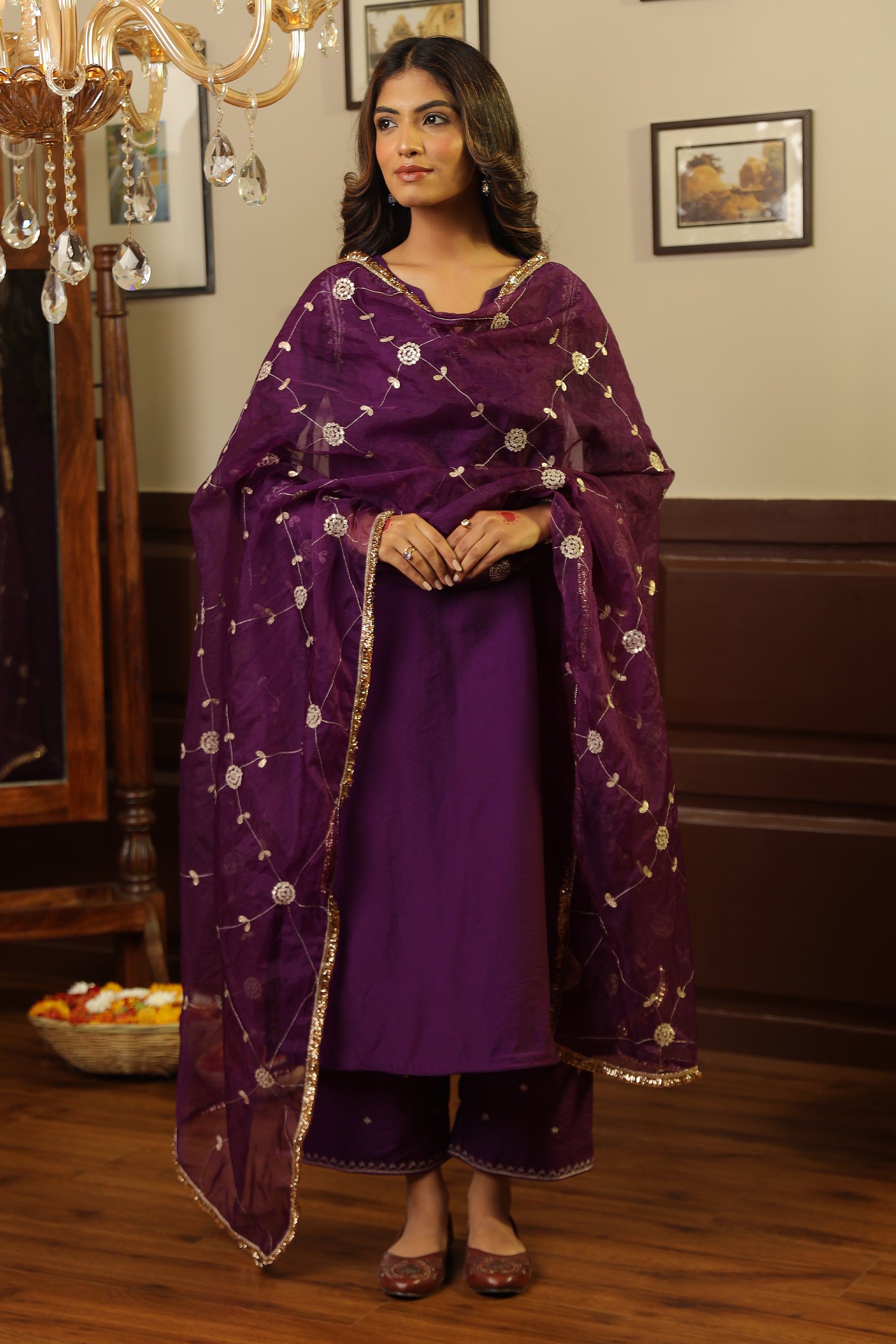 Purple Chanderi Heavy Gota Jaal Straight Set