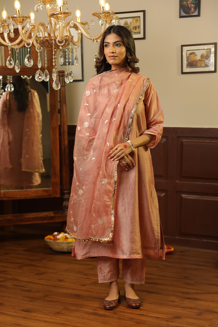 Rose Chanderi Gota Jaal Dupatta Straight Set