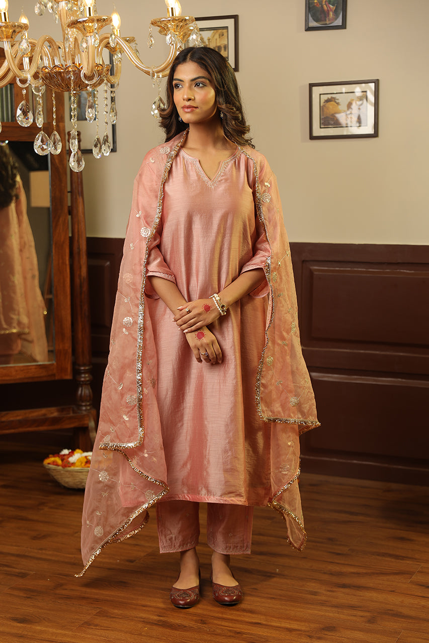Rose Chanderi Gota Jaal Dupatta Straight Set